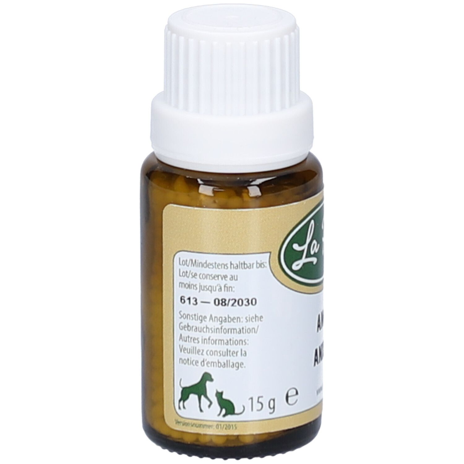 Flacon en verre brun avec bouchon blanc. Étiquette avec texte, dont "Angst", "Anxiété" et date de péremption.