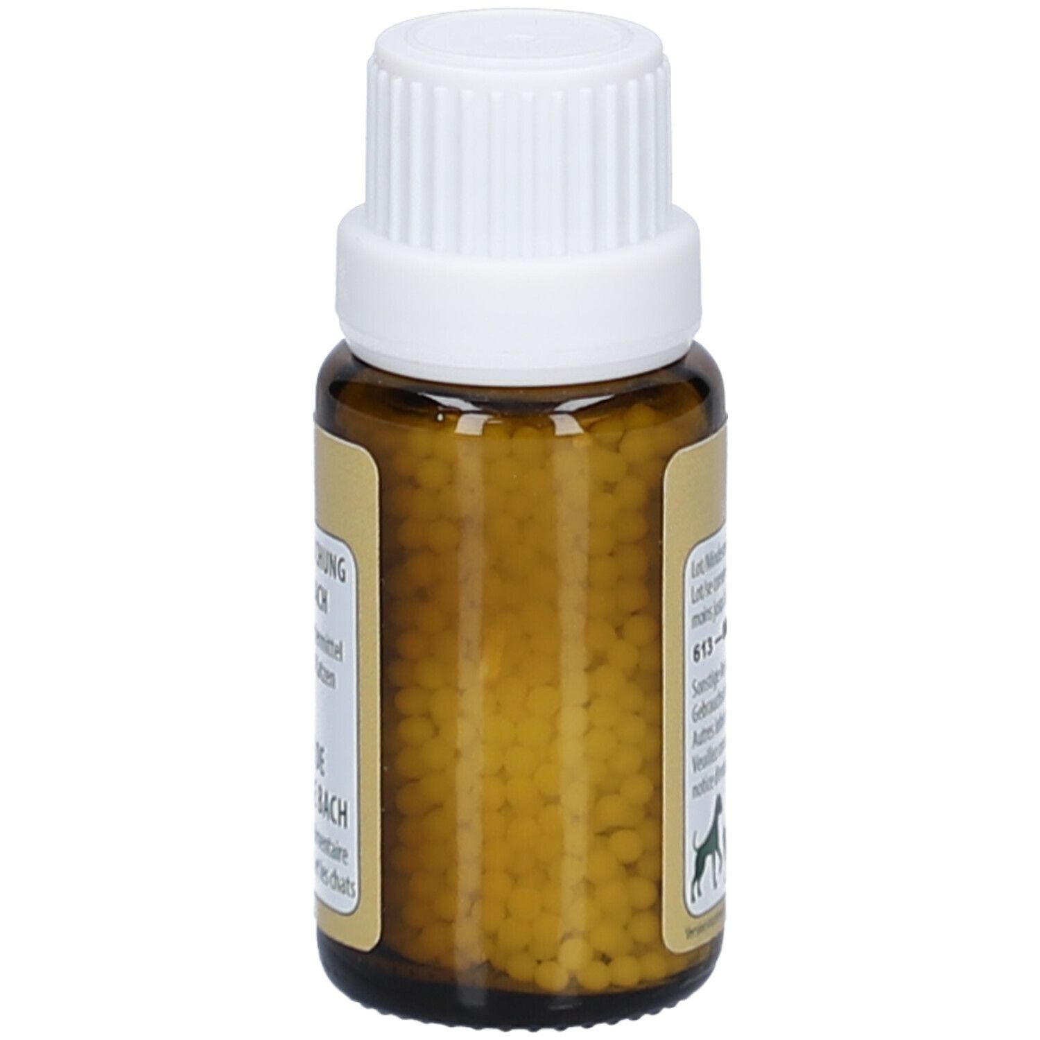 Flacon en verre brun avec bouchon blanc, rempli de petites billes. Étiquette avec texte.