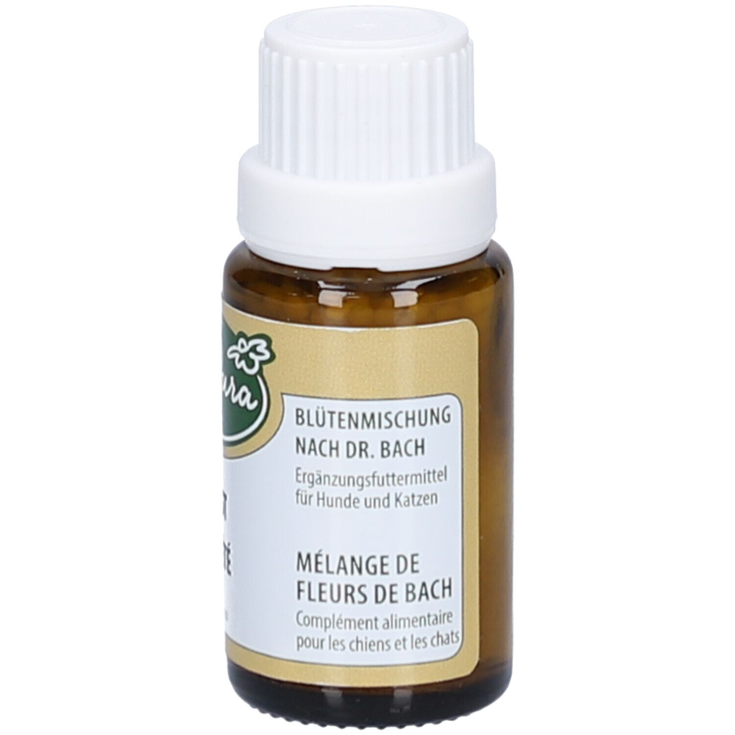 Flacon en verre brun avec bouchon blanc. Étiquette avec logo "La Pura" et texte: Mélange de fleurs de Bach.