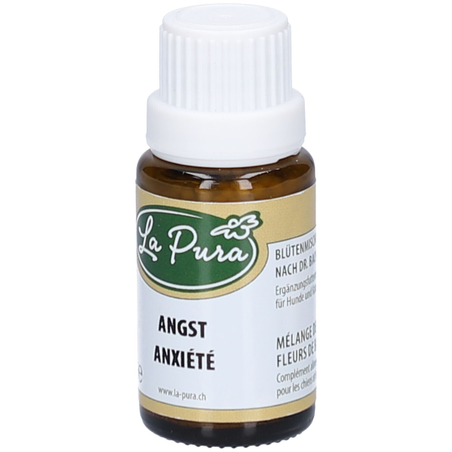 Flacon en verre brun avec bouchon blanc. Étiquette avec logo "La Pura", "Angst" et "Anxiété".