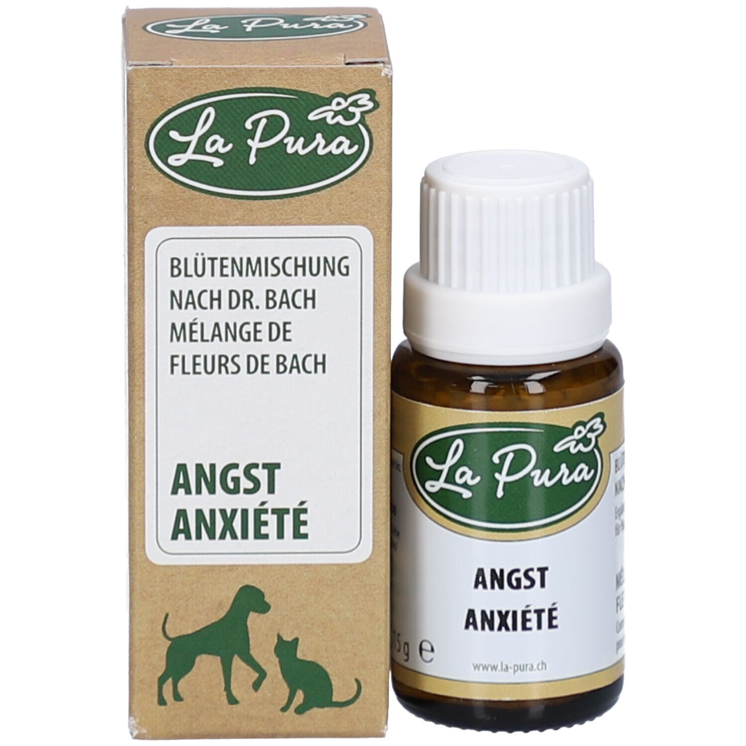 Flacon en verre brun et carton. Carton avec logo "La Pura", "Angst", "Anxiété" et image de chien et chat.