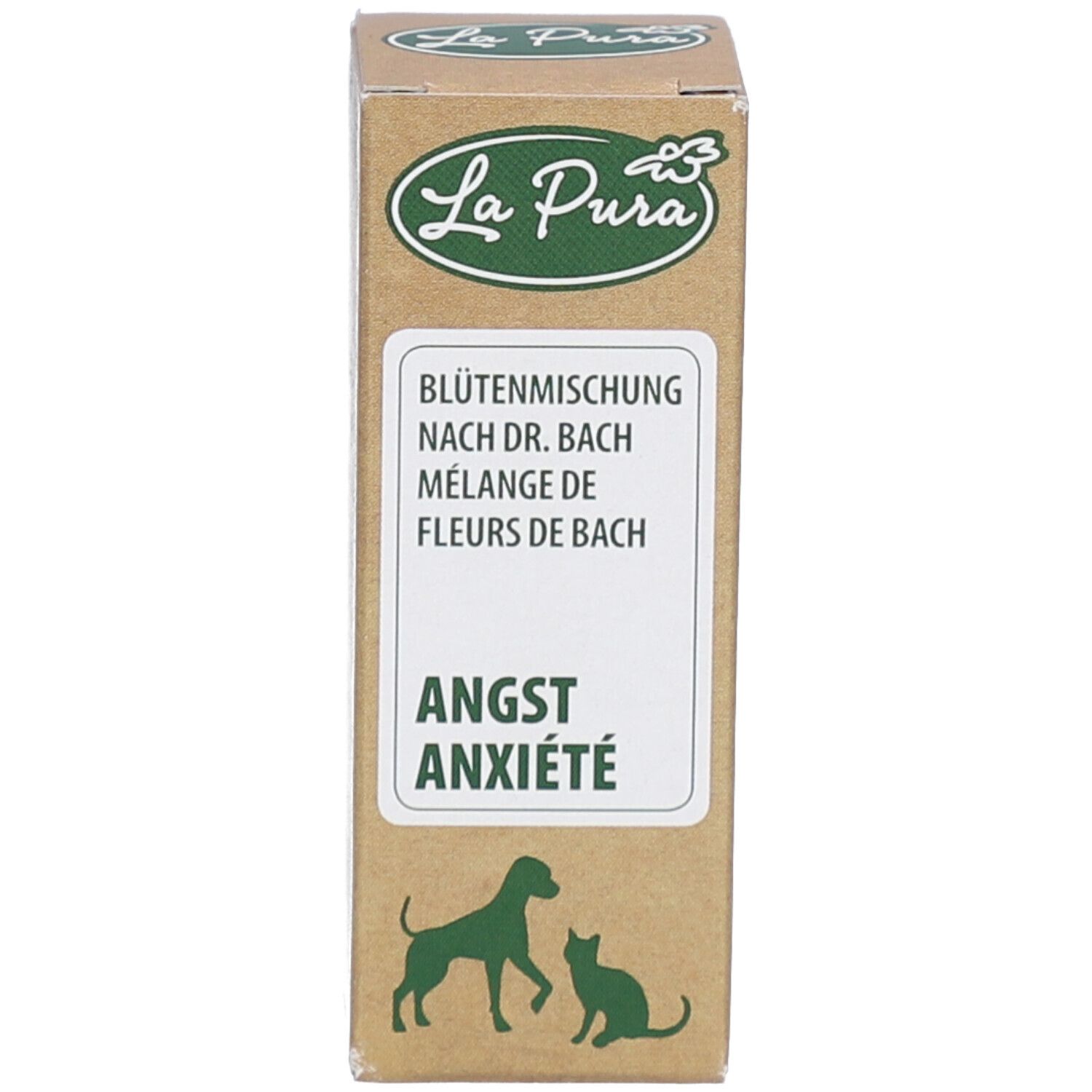 Carton avec logo "La Pura", "Angst", "Anxiété" et image de chien et chat. Texte: Mélange de fleurs de Bach.