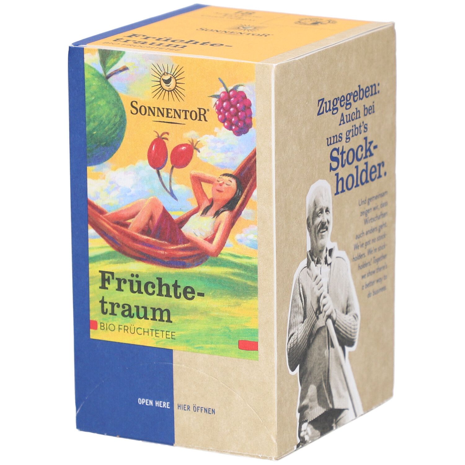 Boîte avec impression. Devant : femme dans hamac, fruits, logo. Texte : Früchtetraum, BIO Früchtetee.