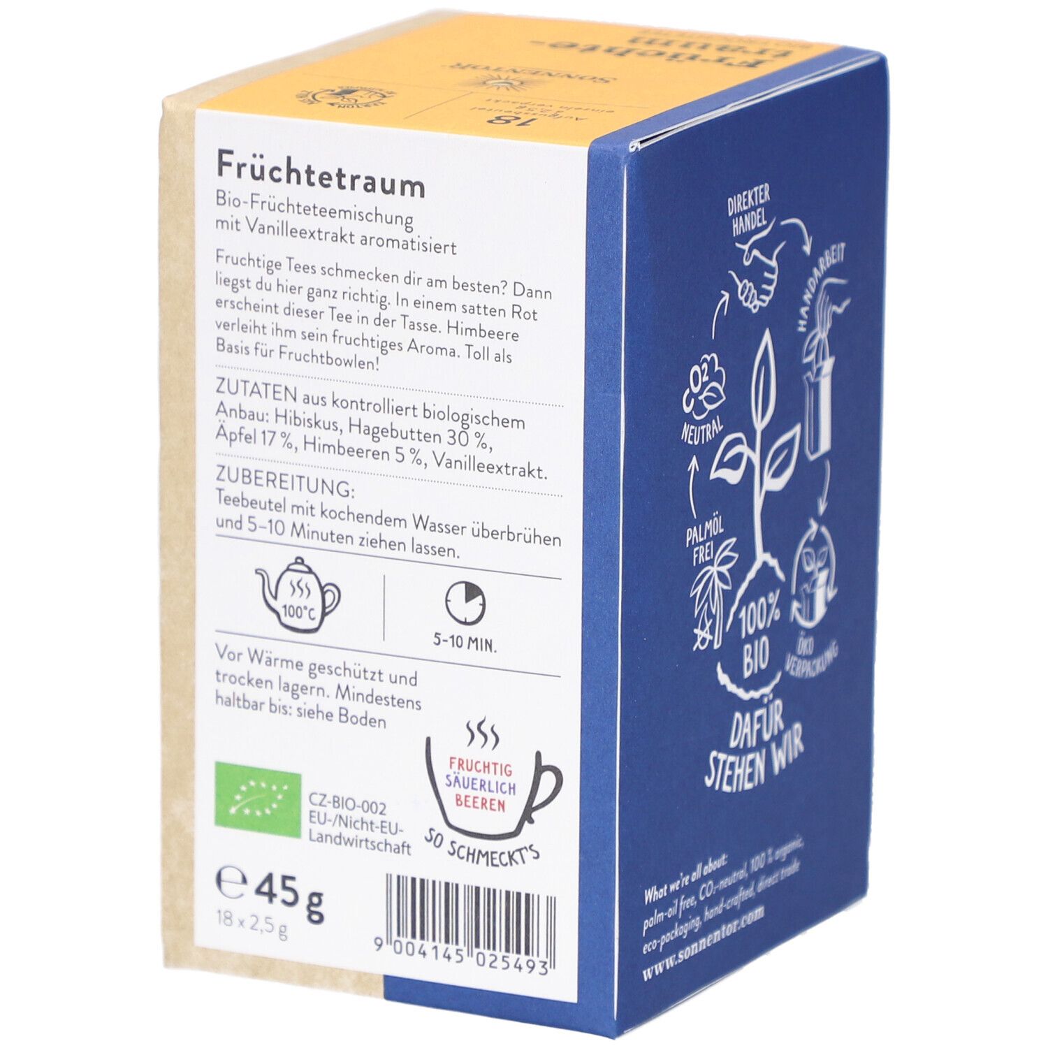 Boîte avec texte. Texte : Früchtetraum, ingrédients, préparation, label bio, 45g, 18x2,5g, durée de conservation.