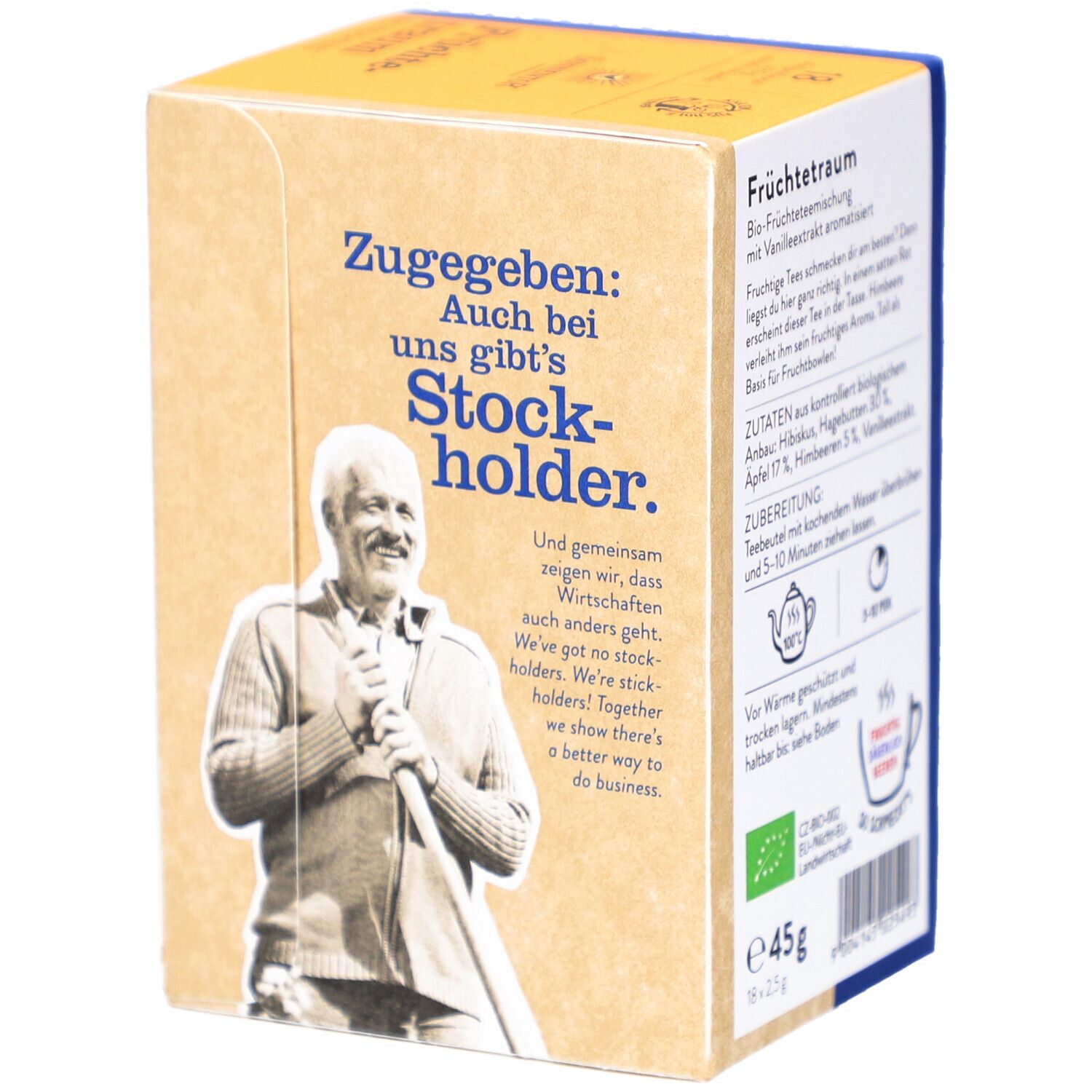 Boîte avec texte et image. Texte : Früchtetraum, ingrédients, préparation, label bio, 45g, 18x2,5g, durée de conservation.