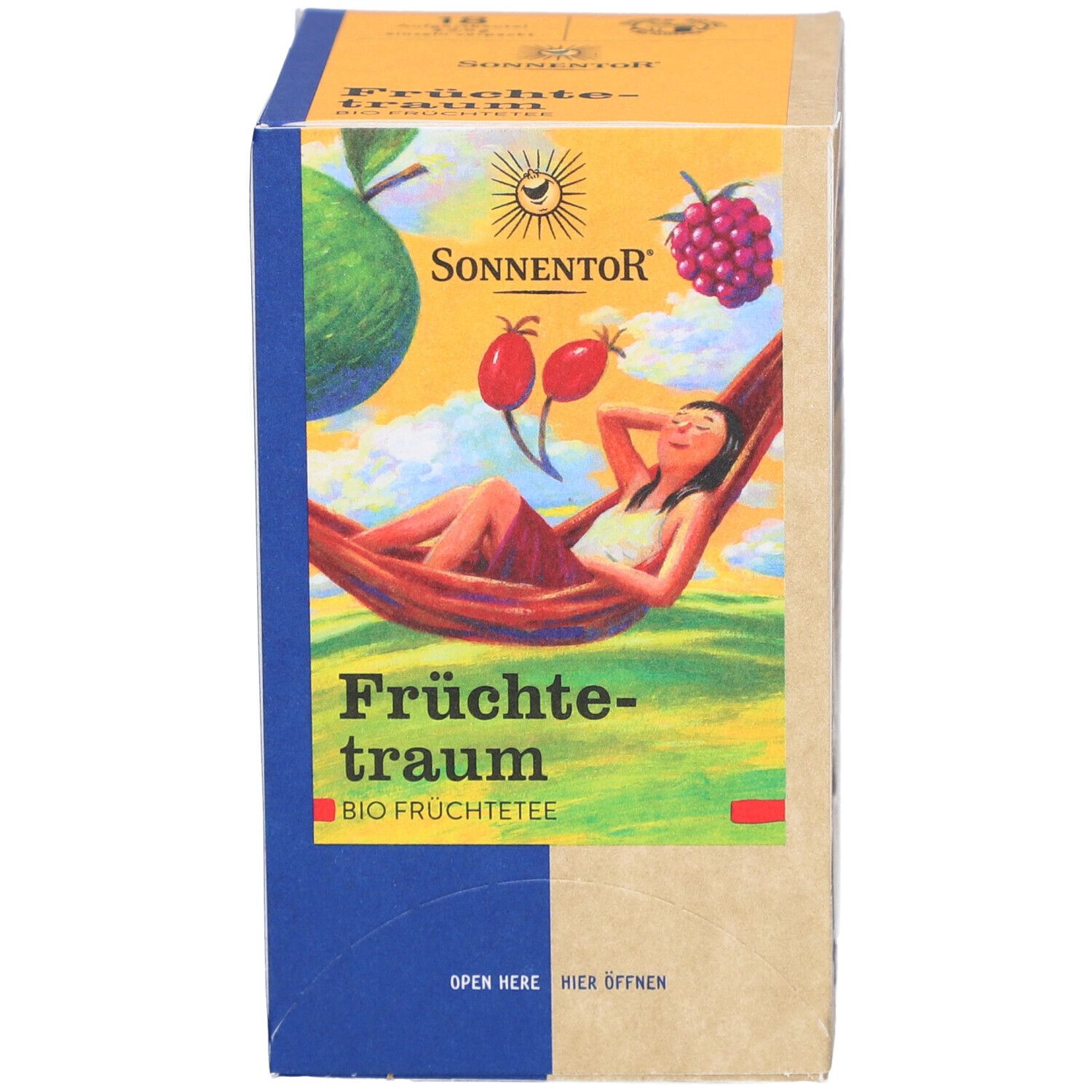 Boîte avec impression. Devant : femme dans hamac, fruits, logo. Texte : Früchtetraum, BIO Früchtetee.
