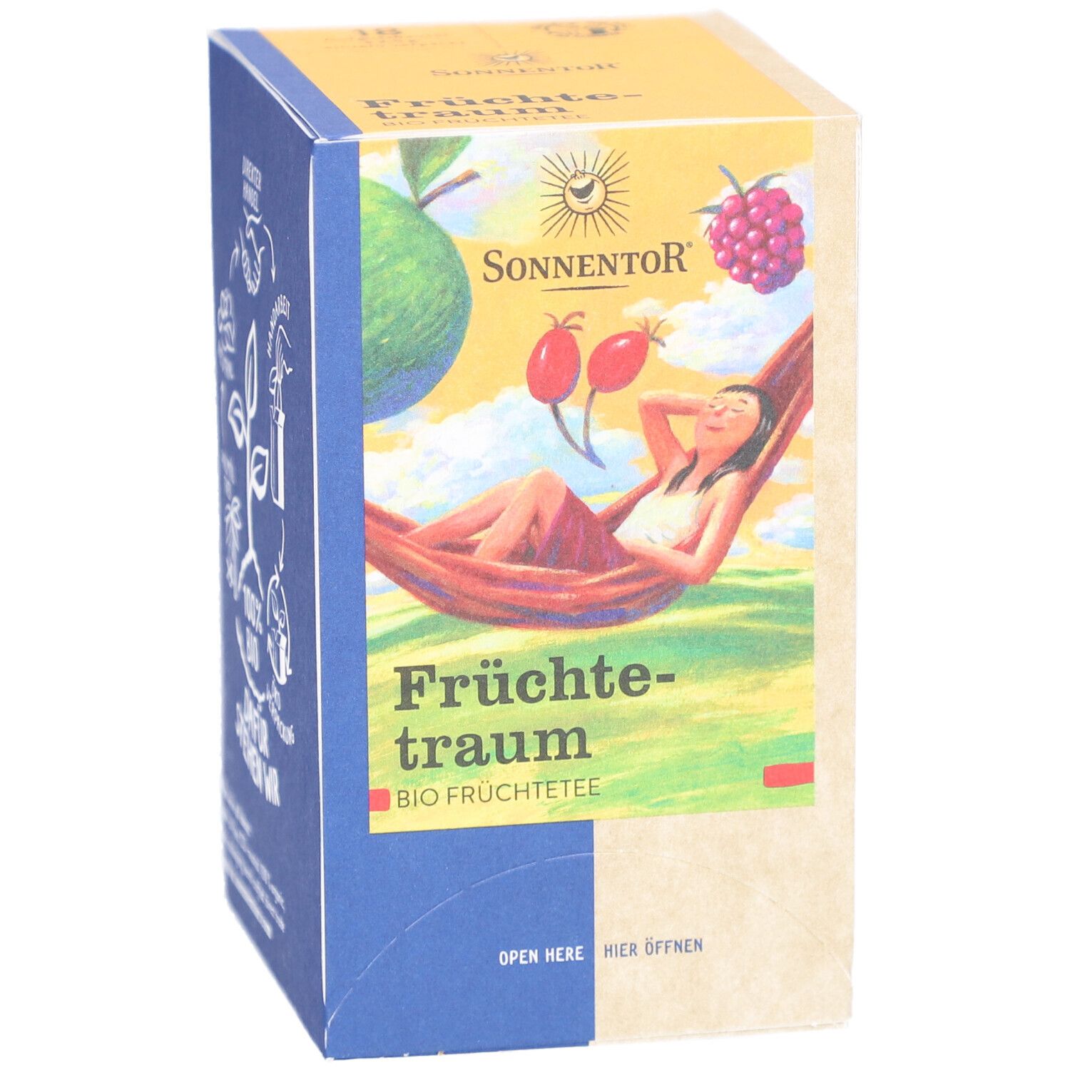 Boîte avec impression. Devant : femme dans hamac, fruits, logo. Texte : Früchtetraum, BIO Früchtetee.