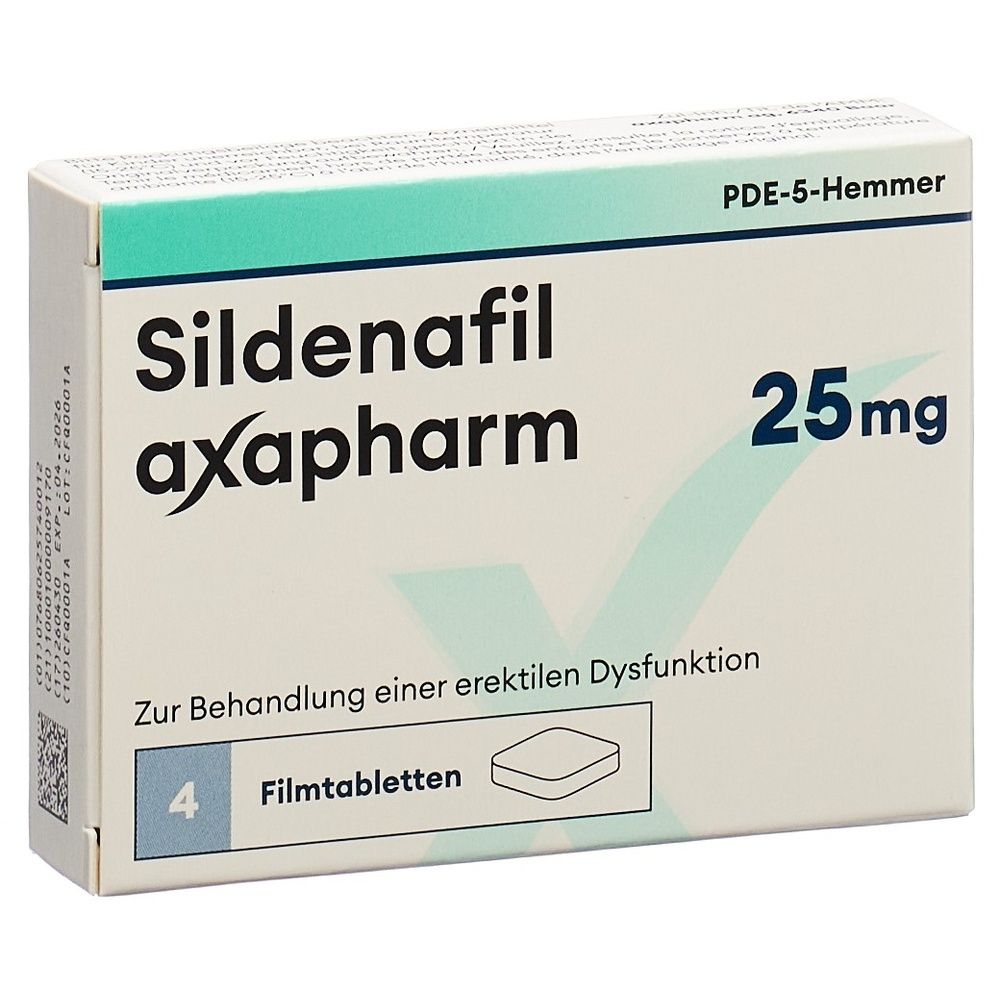 Schachtel mit Sildenafil axapharm 25mg Filmtabletten. Aufschrift: Zur Behandlung einer erektilen Dysfunktion. Enthält 4 Tabletten.