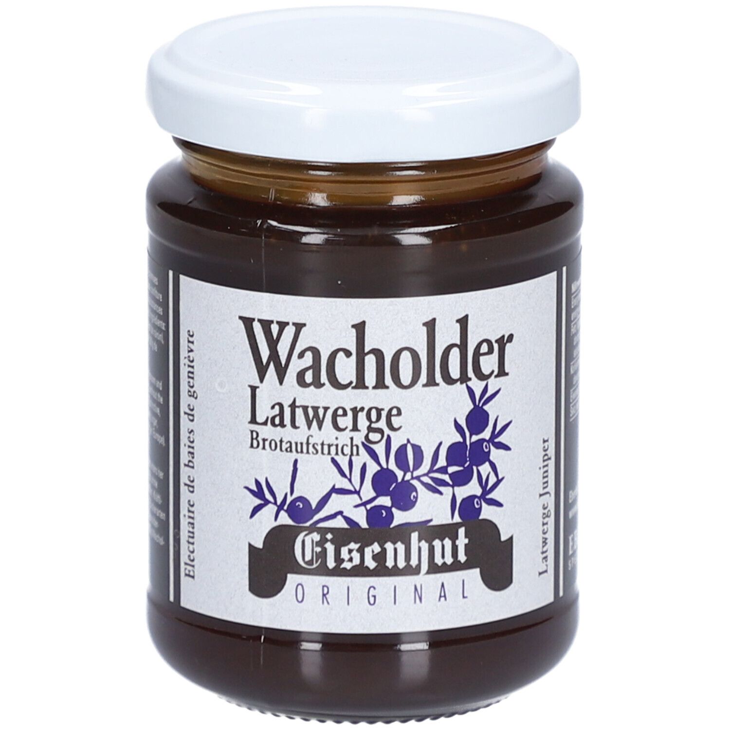 Pot de confiture avec couvercle blanc et étiquette. Inscription: Wacholder Latwerge, Brotaufstrich, EISENHUT ORIGINAL.