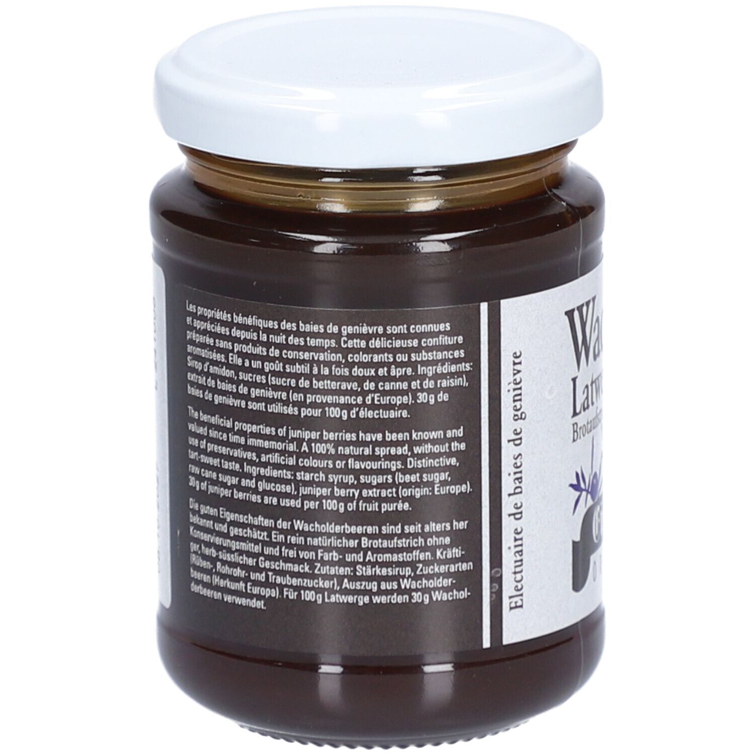 Pot de confiture avec couvercle blanc et étiquette avec texte. Dos avec texte en allemand et en français.