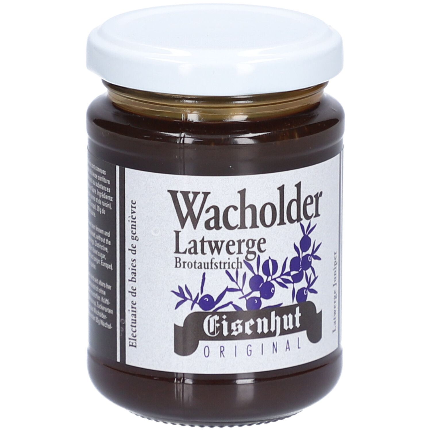 Pot de confiture avec couvercle blanc et étiquette. Inscription: Wacholder Latwerge, Brotaufstrich, EISENHUT ORIGINAL.
