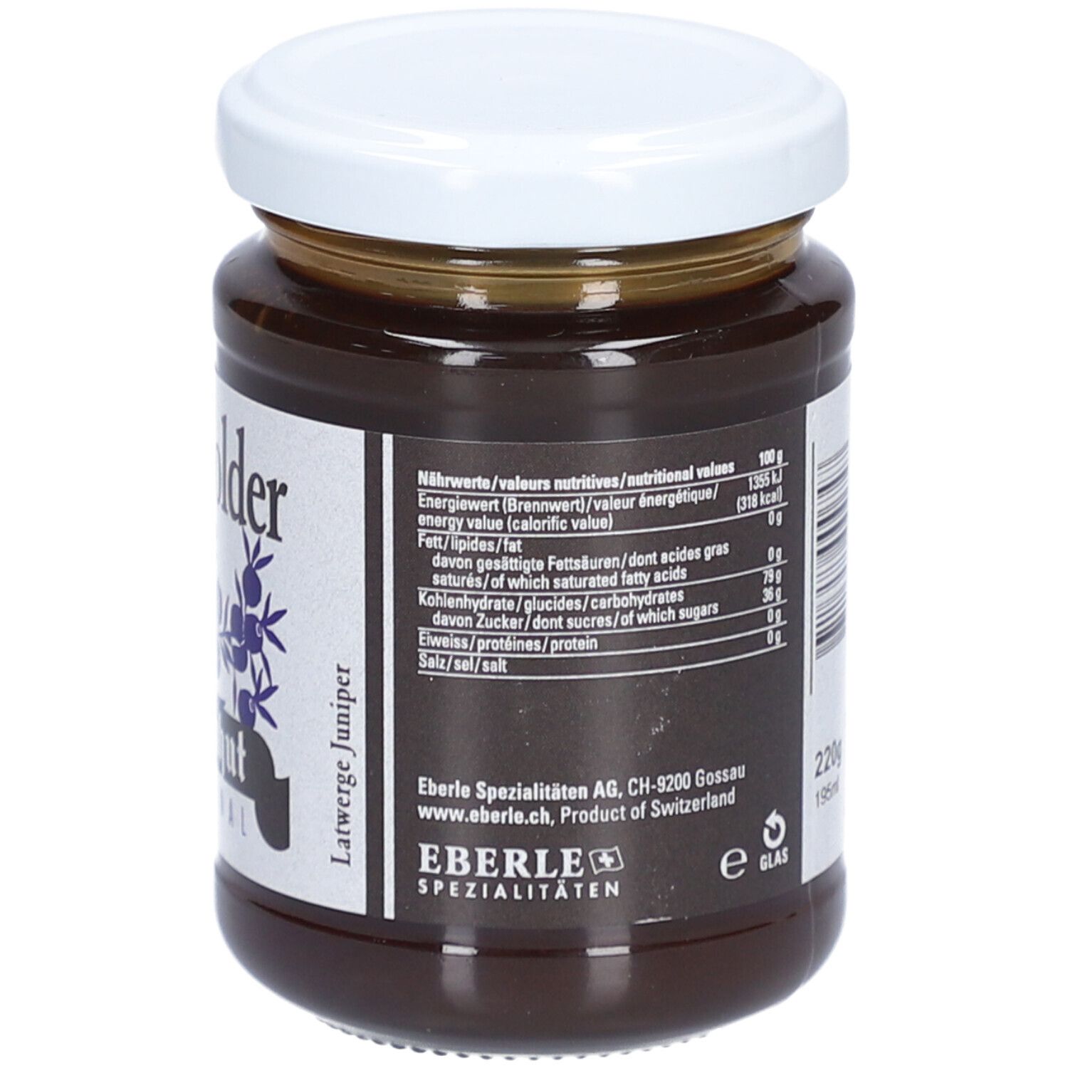 Pot de confiture avec couvercle blanc et étiquette. Informations nutritionnelles et fabricant.