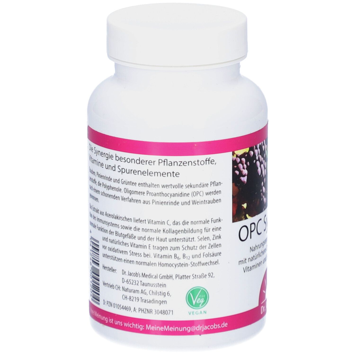 Dos du flacon blanc. Étiquette rose avec texte. Sceau végétalien.