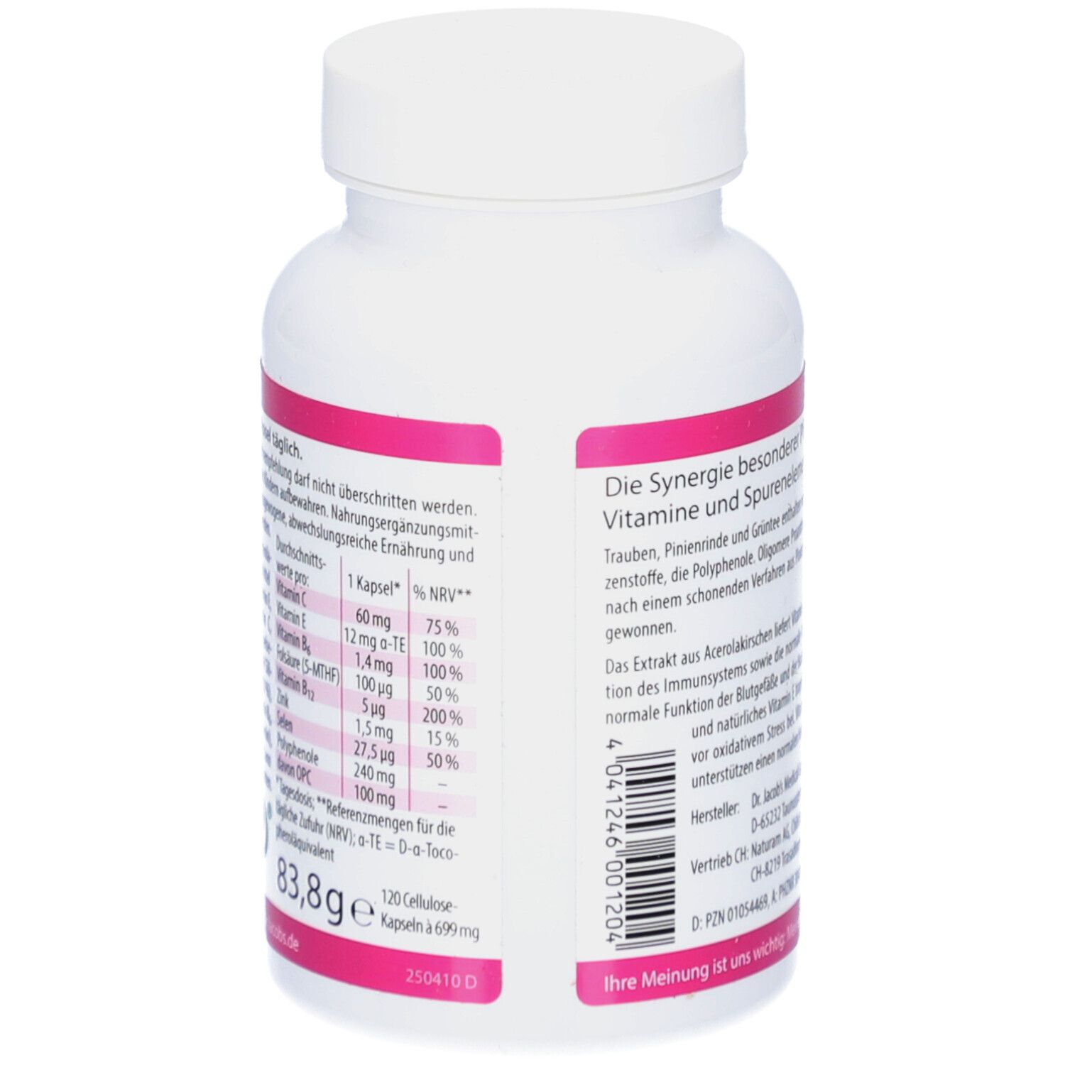 Dos du flacon blanc. Étiquette rose avec texte et informations nutritionnelles. 120 gélules.