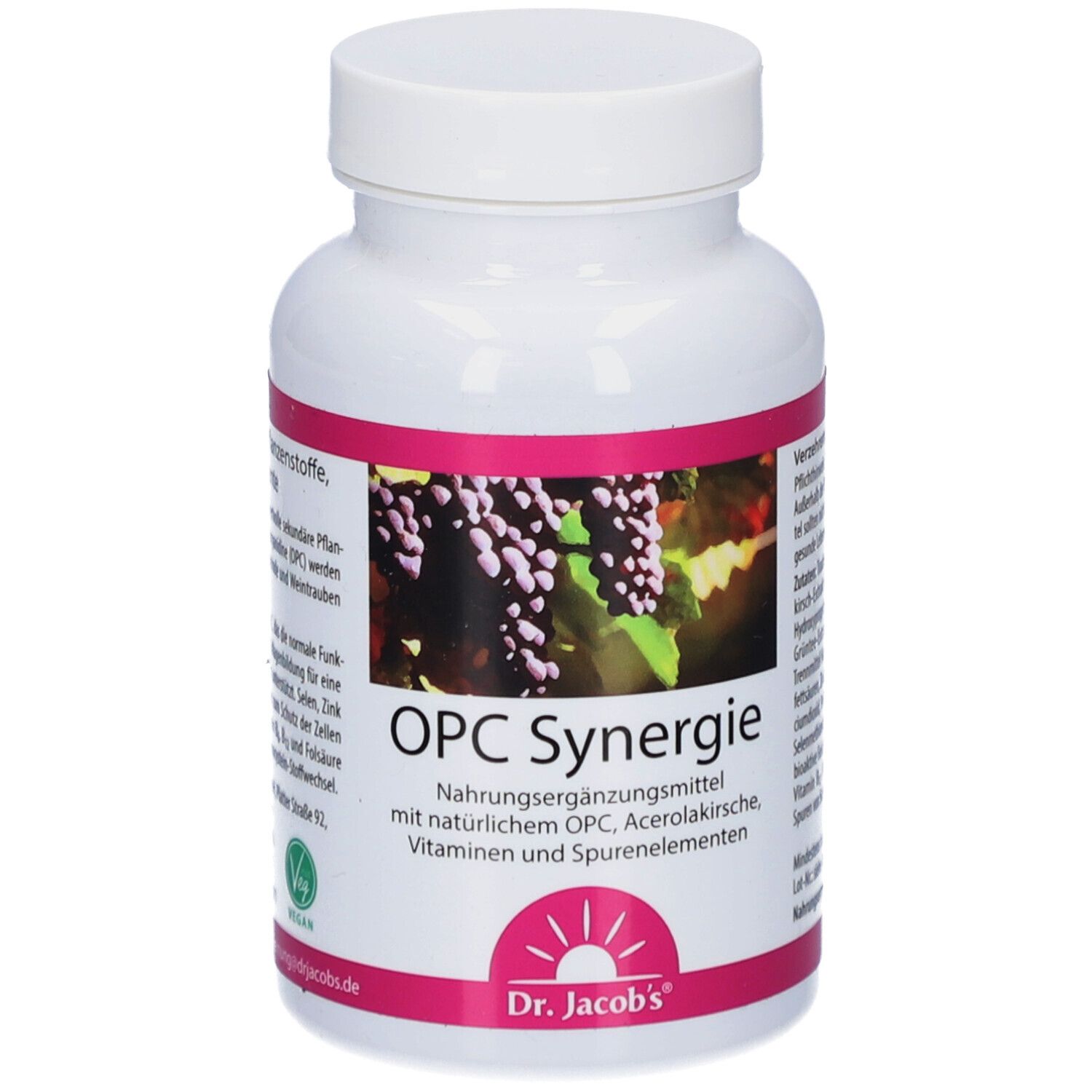 Flacon blanc avec étiquette rose. Inscription: OPC Synergie. Image de raisins et logo Dr. Jacob's.