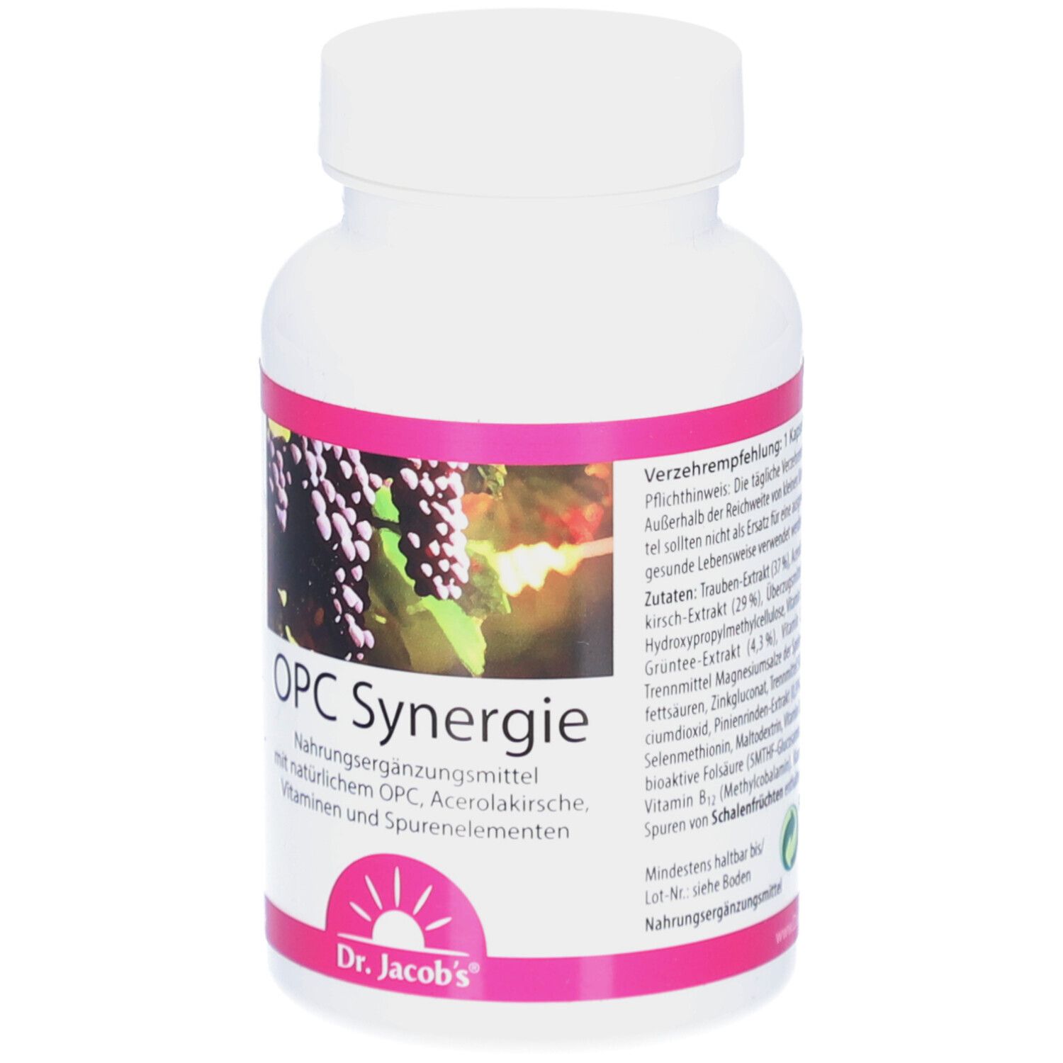 Flacon blanc avec étiquette rose. Inscription: OPC Synergie. Image de raisins et logo Dr. Jacob's.