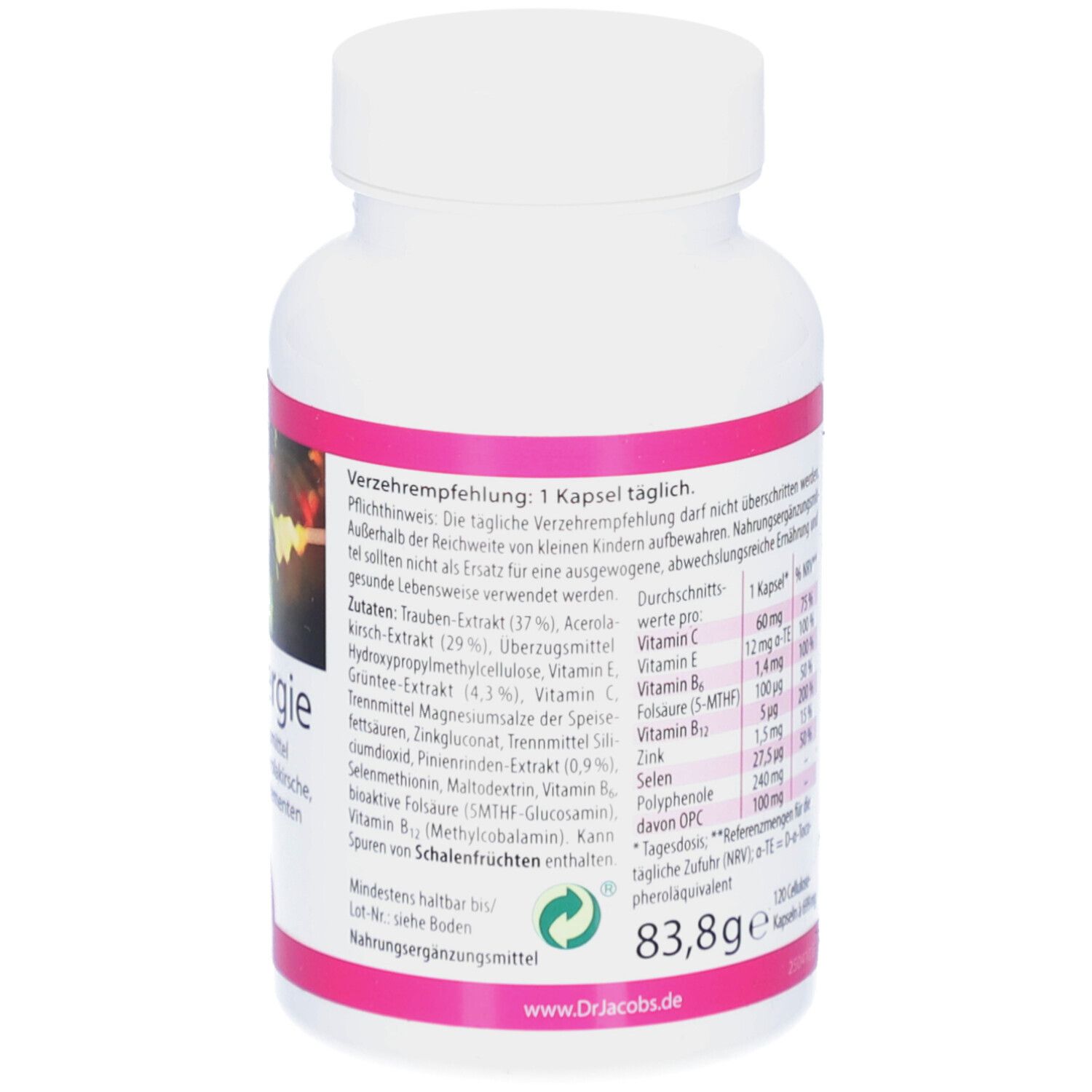 Dos du flacon blanc. Étiquette rose avec texte et informations nutritionnelles. 120 gélules.