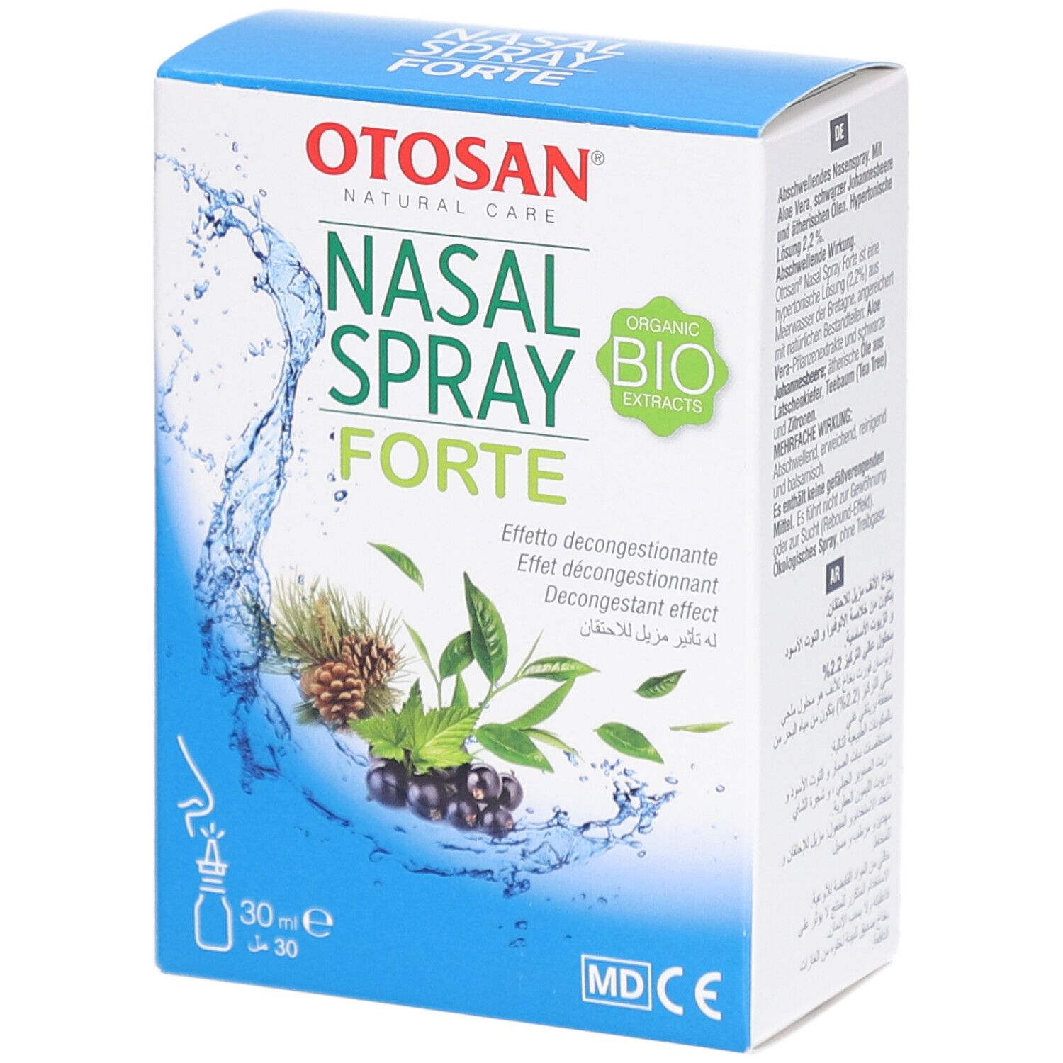 Otosan Nasal Spray Forte Box. White and blue box with product name and logo. Contains organic bio extracts. 30 ml bottle.
