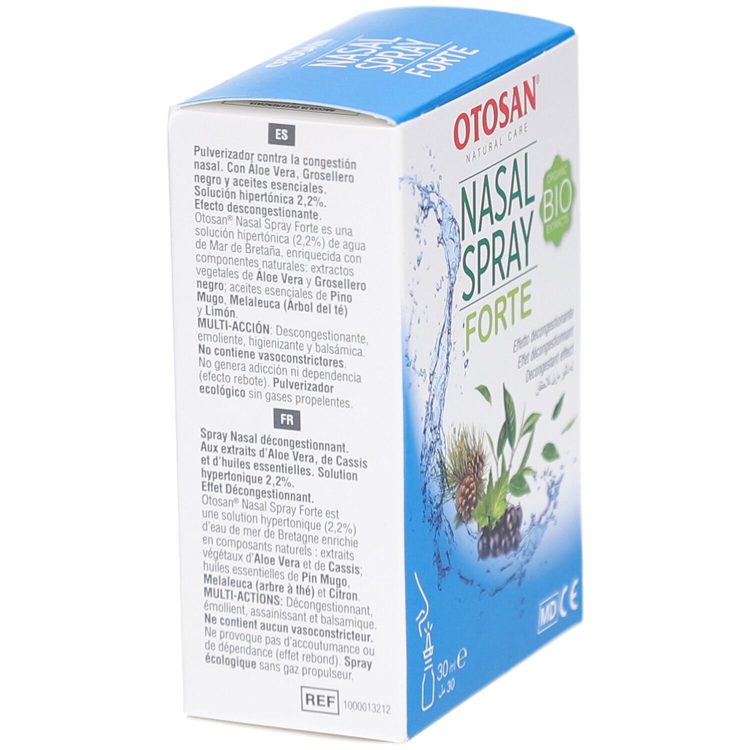 Otosan Nasal Spray Forte Box. Side view of the box with text in multiple languages. Contains product information and ingredients.