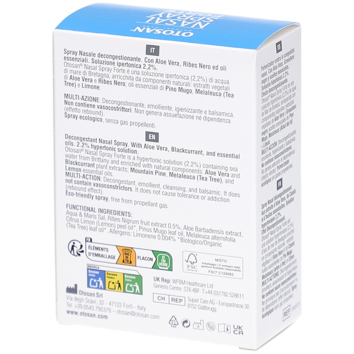 Otosan Nasal Spray Forte Box. Back of the box with text in multiple languages. Contains product information and ingredients.