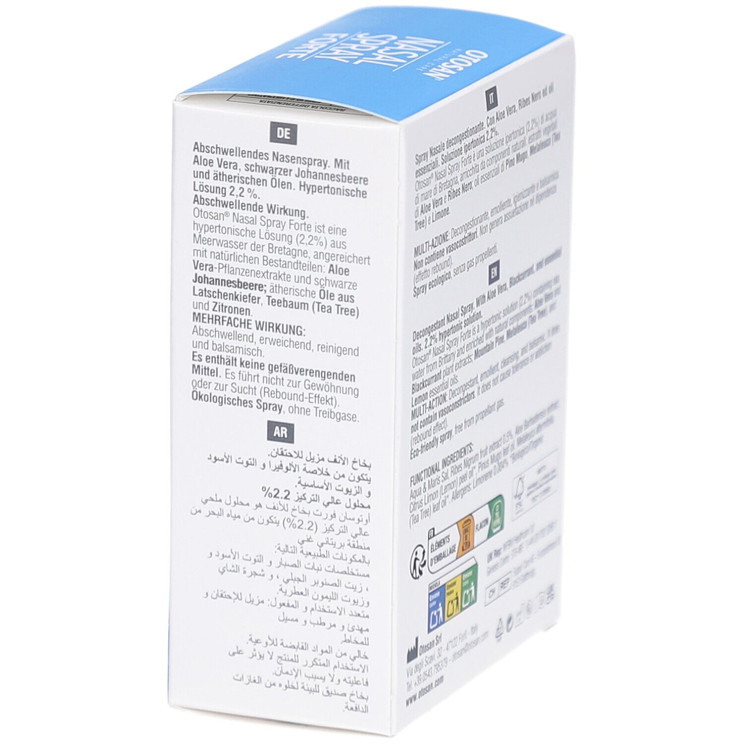 Otosan Nasal Spray Forte Box. Side view of the box with text in multiple languages. Contains product information and ingredients.