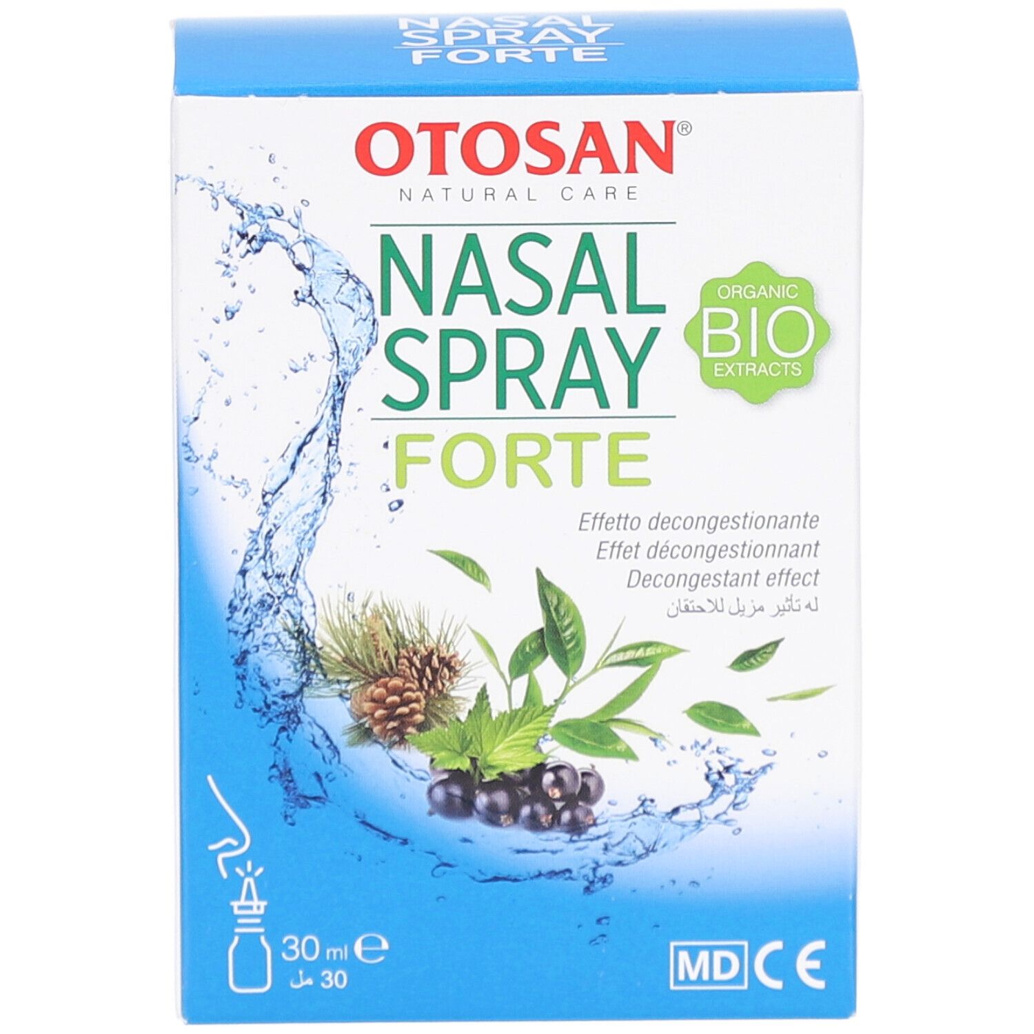 Otosan Nasal Spray Forte Box. White and blue box with product name and logo. Contains organic bio extracts. 30 ml bottle.
