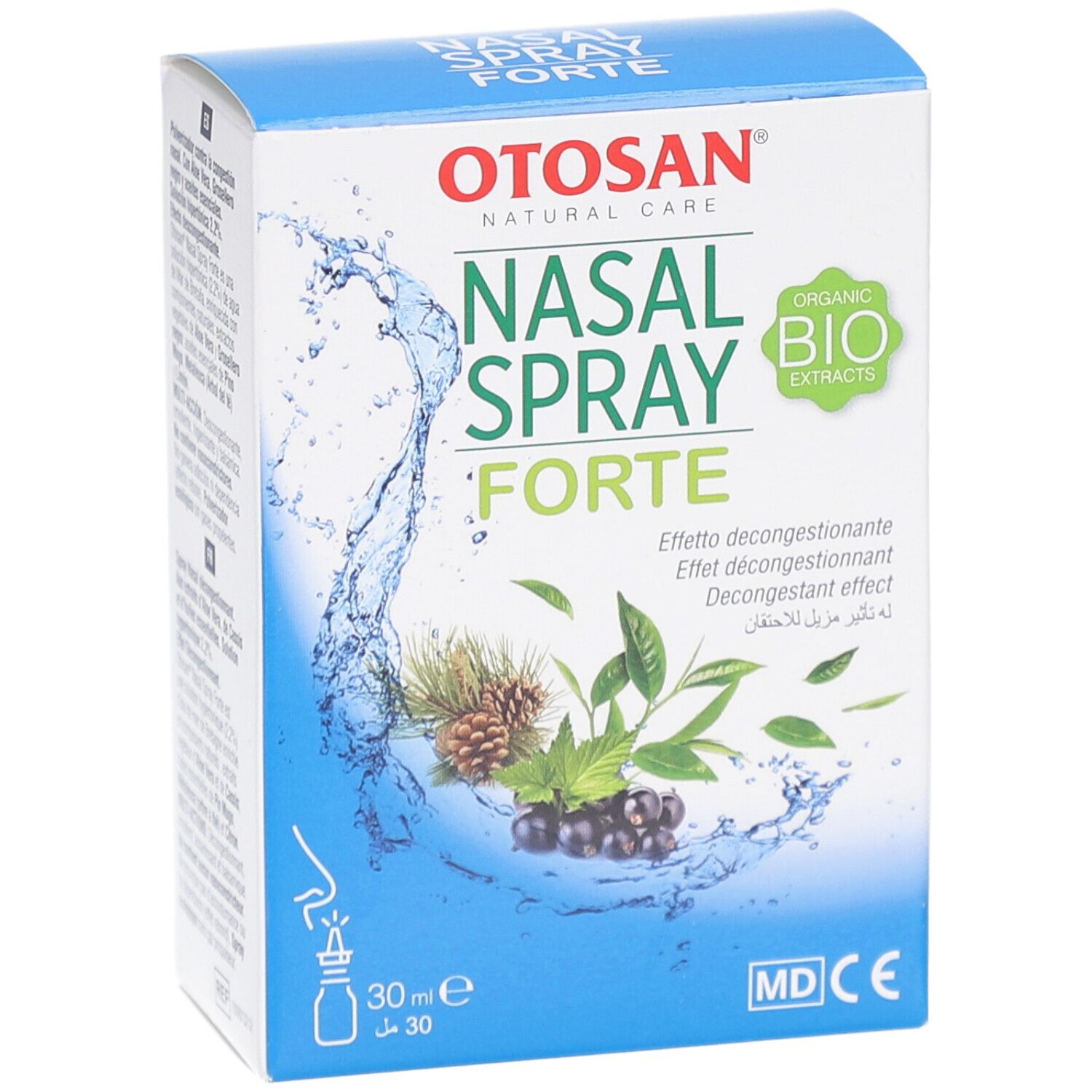 Otosan Nasal Spray Forte Box. White and blue box with product name and logo. Contains organic bio extracts. 30 ml bottle.