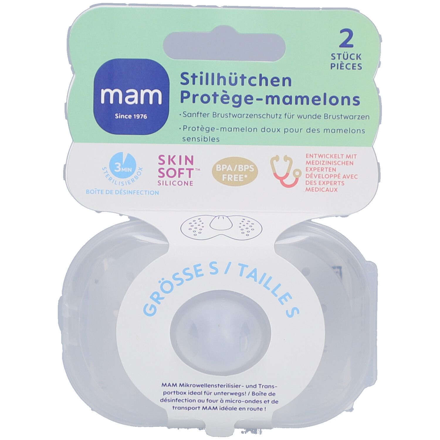Emballage de deux protège-mamelons. Boîte ovale transparente avec deux protège-mamelons. Logo MAM, nom du produit, taille.