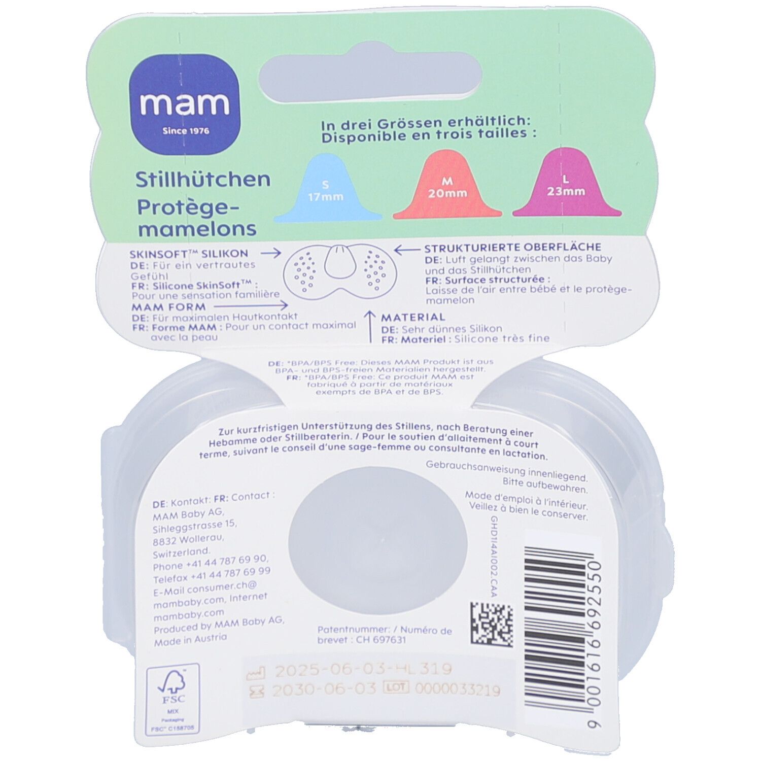 Dos de l'emballage des protège-mamelons. Indications de taille : S, M, L. Informations sur le produit, logo MAM, coordonnées.