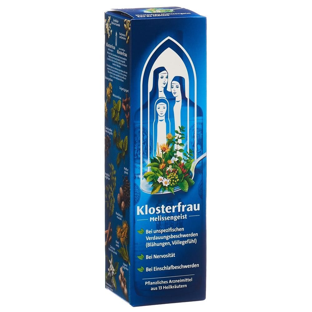 Blau-weiße Verpackung mit dem Logo von Klosterfrau. Text: Melissengeist, bei Verdauungsbeschwerden, Nervosität und Einschlafstörungen. Pflanzliches Arzneimittel.