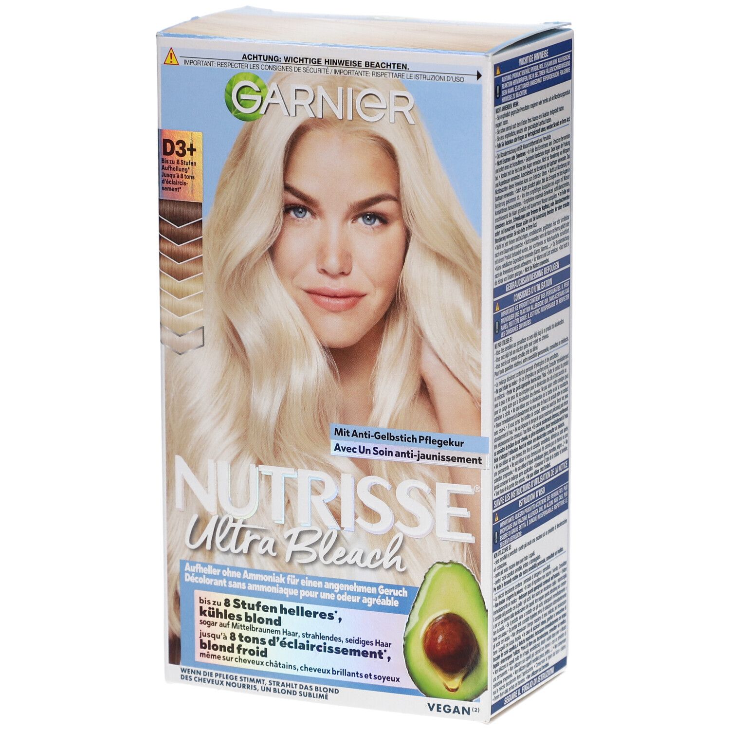 Emballage Garnier Nutrisse Ultra Bleach. Impression avec femme, avocat et informations produit.