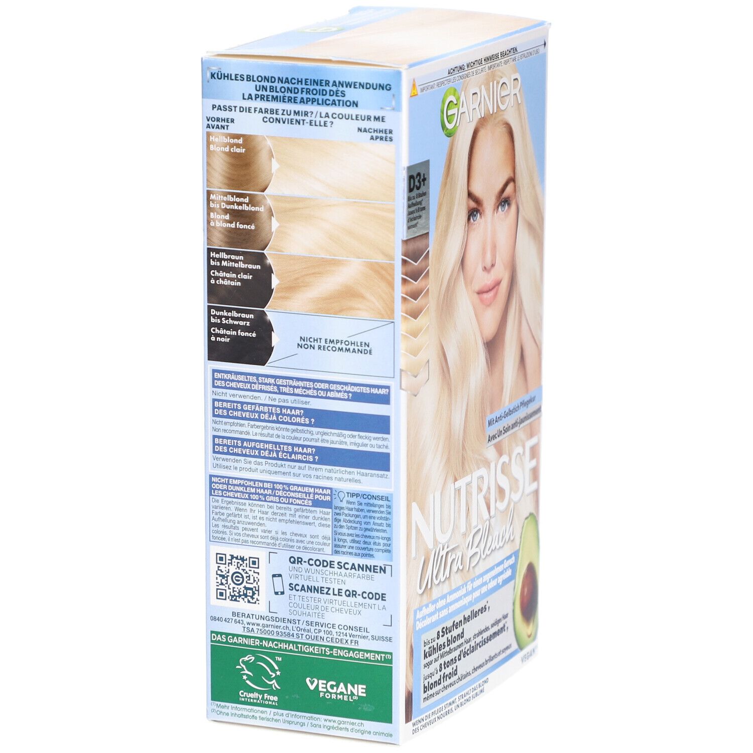 Emballage Garnier Nutrisse Ultra Bleach. Vue latérale avec informations produit et code QR.