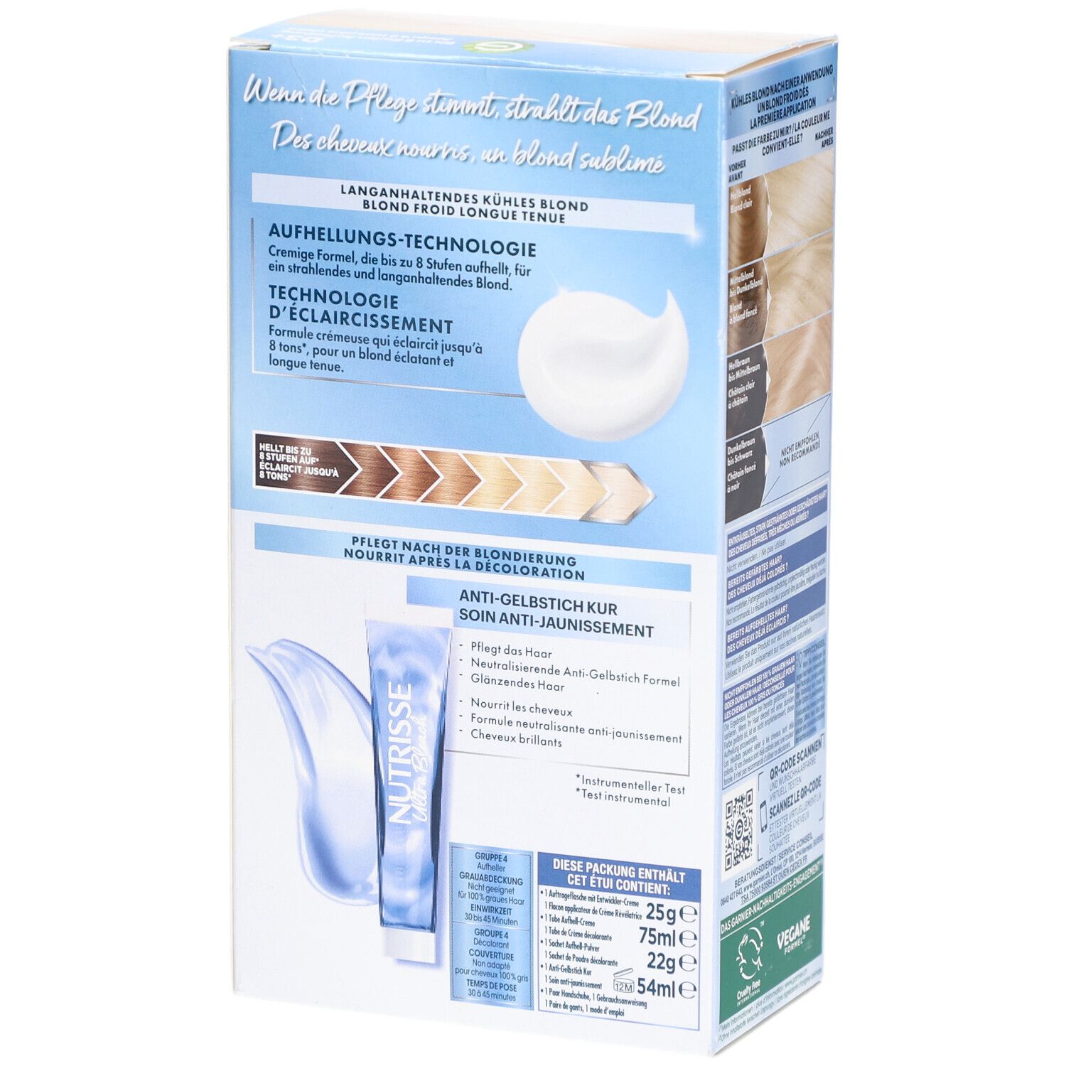 Dos de l'emballage Garnier Nutrisse Ultra Bleach. Informations produit et illustration du soin.