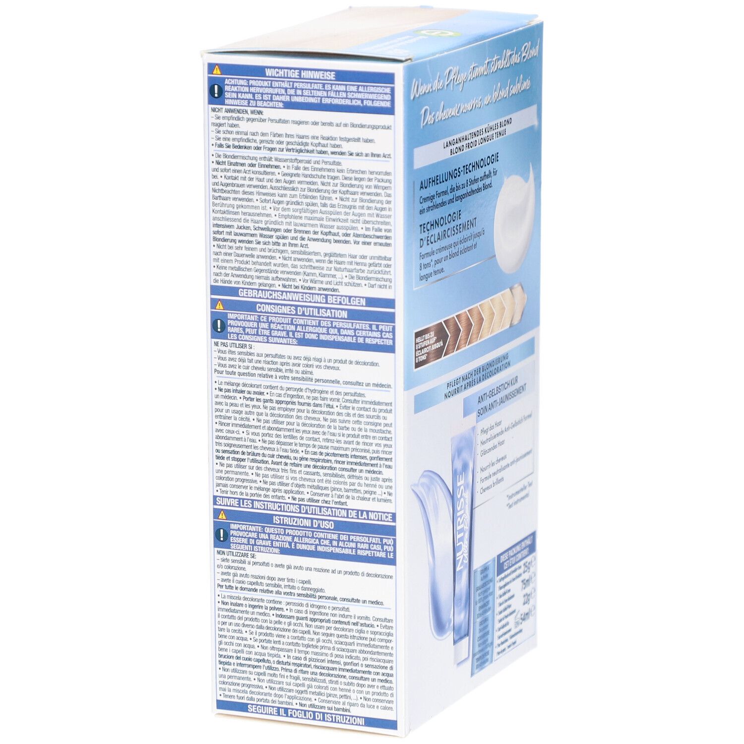 Emballage Garnier Nutrisse Ultra Bleach. Vue latérale avec informations produit et instructions.