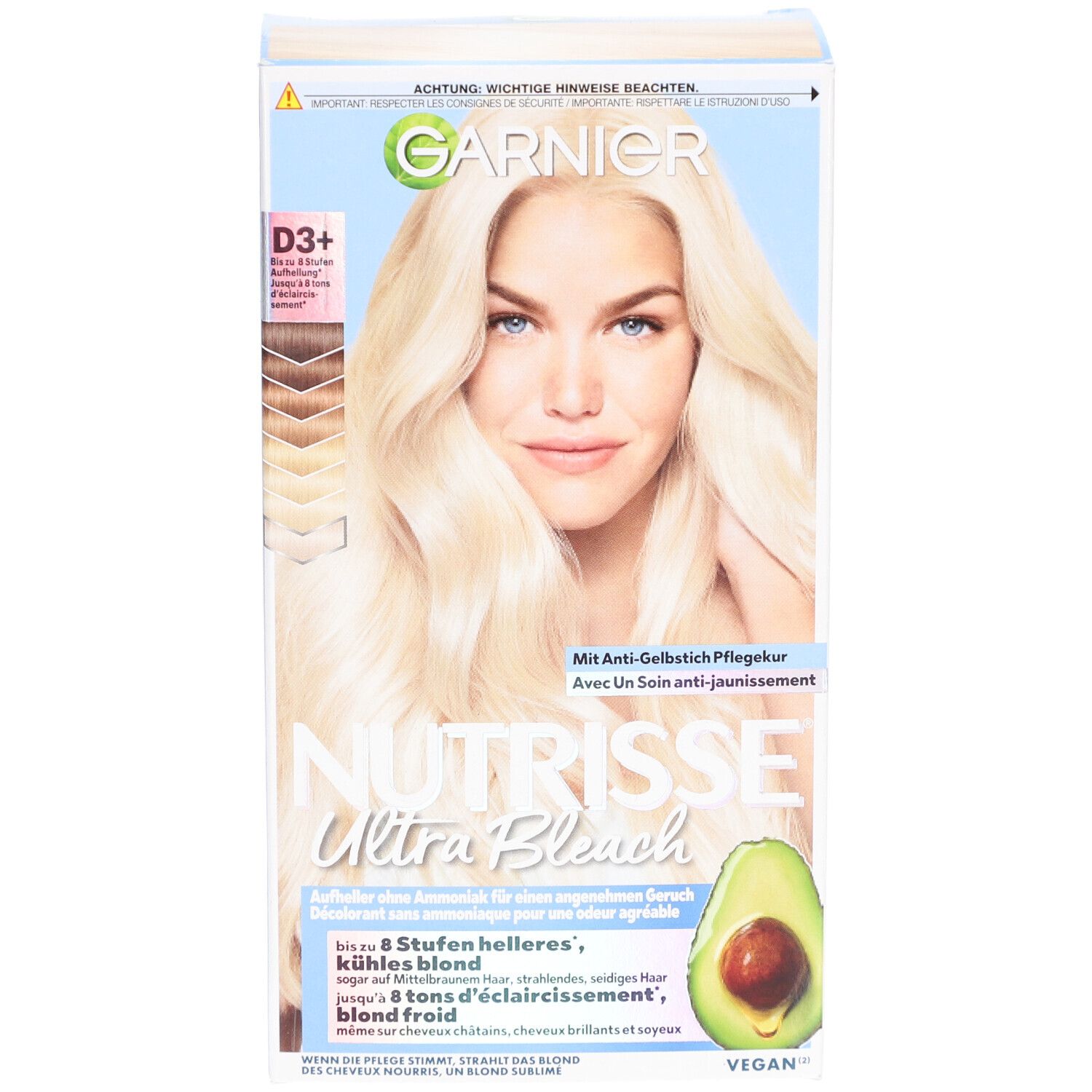 Emballage Garnier Nutrisse Ultra Bleach. Vue de face avec femme, avocat et informations produit.