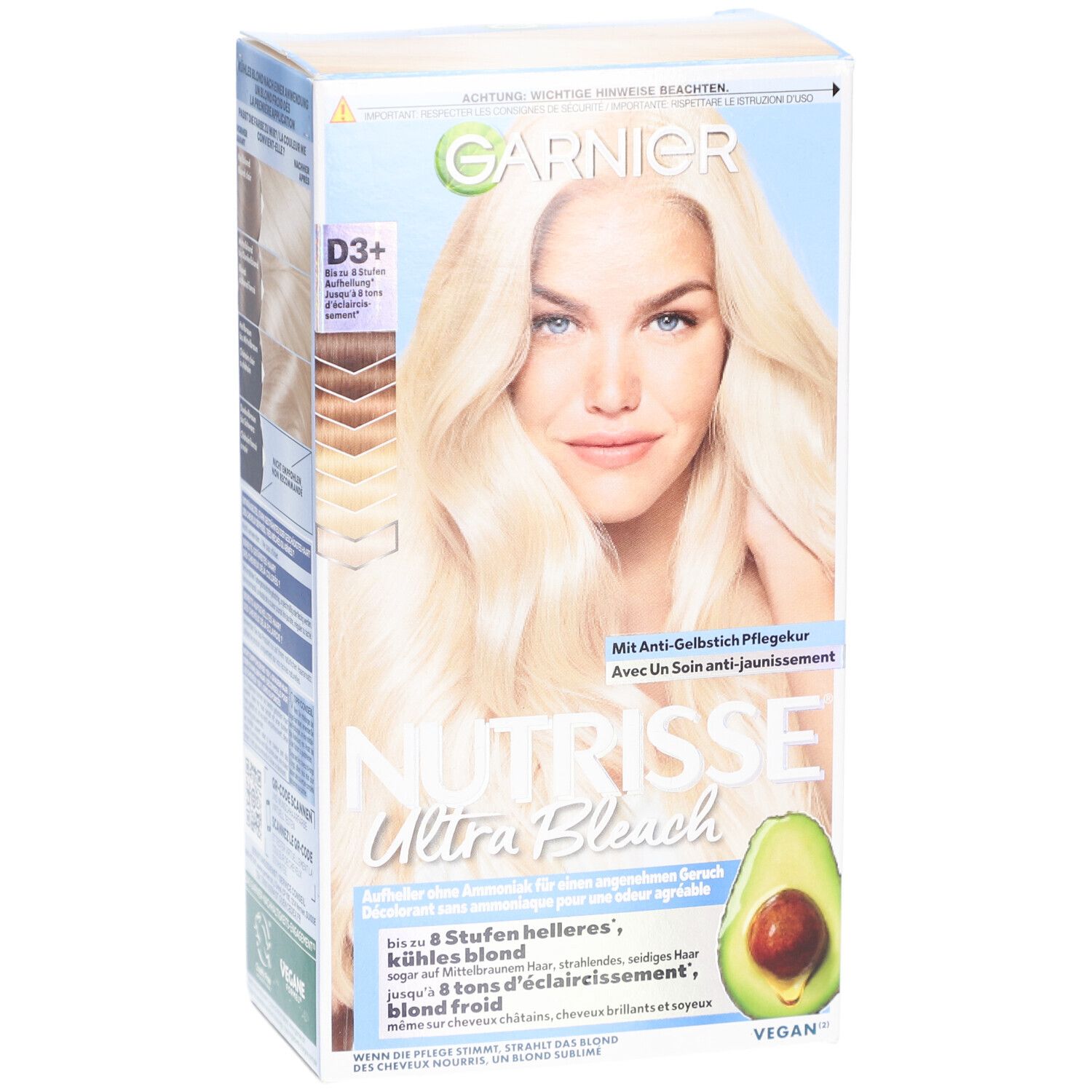 Emballage Garnier Nutrisse Ultra Bleach. Vue de face avec femme, avocat et informations produit.