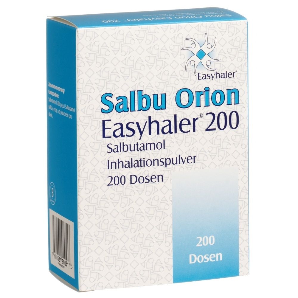Kartonverpackung mit blauer und weißer Farbgebung. Aufschrift: Salbu Orion Easyhaler 200. Enthält 200 Dosierungen.