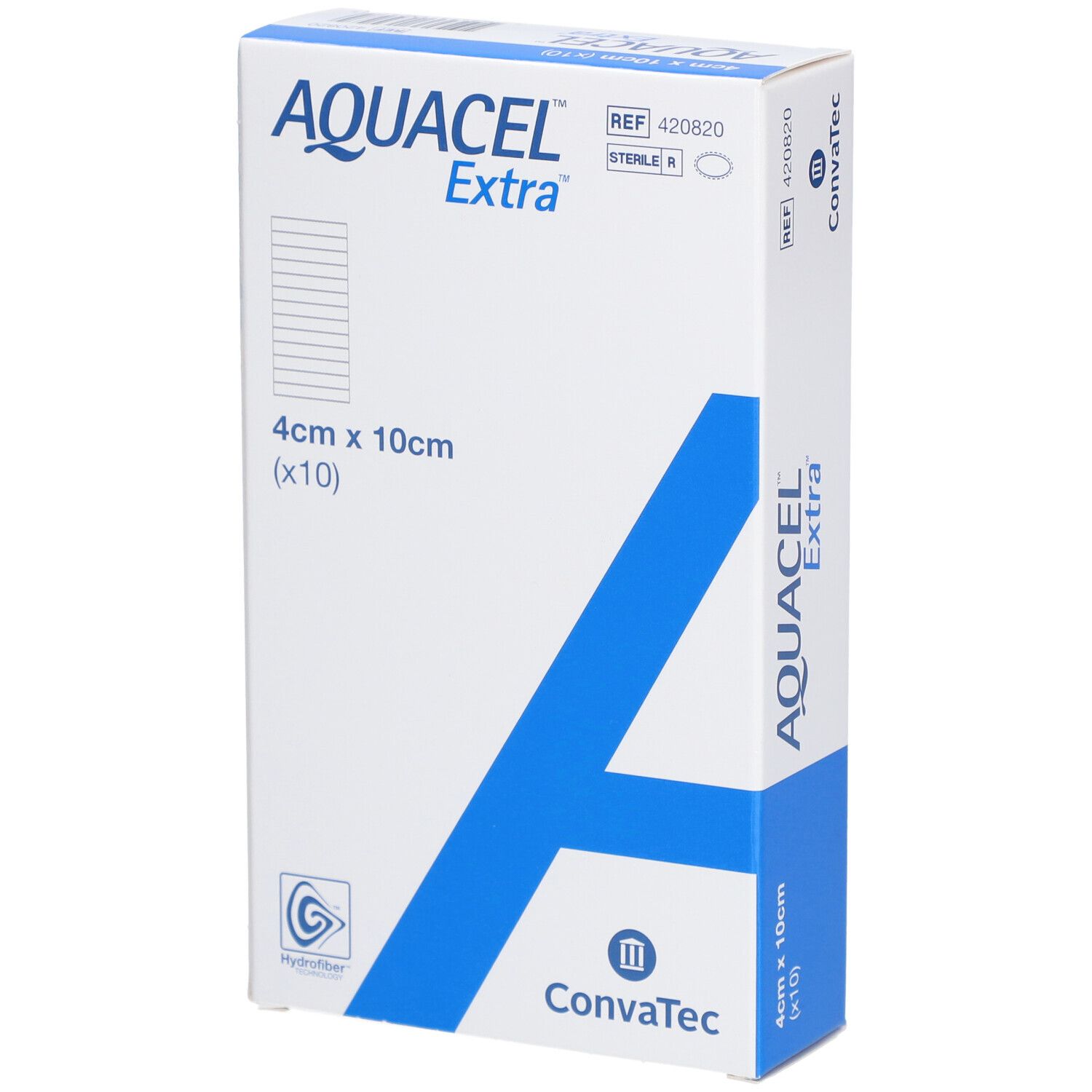 Verpackung AQUACEL Extra, 4cm x 10cm, 10 Stück. Blaue Akzente, Produktname und Größe deutlich sichtbar.