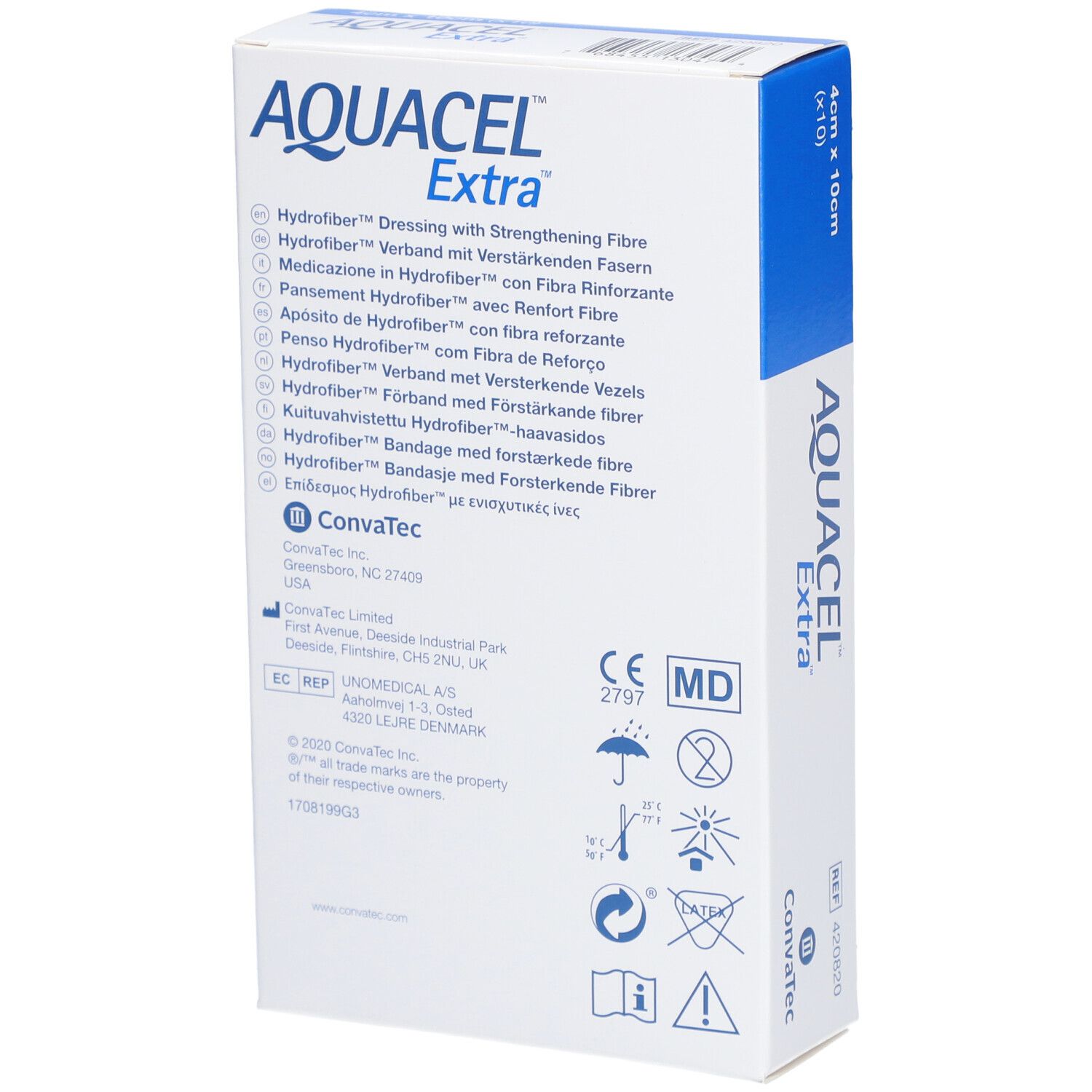 Rückseite der AQUACEL Extra Verpackung. Mehrsprachige Produktbeschreibung, CE-Kennzeichnung, Piktogramme.