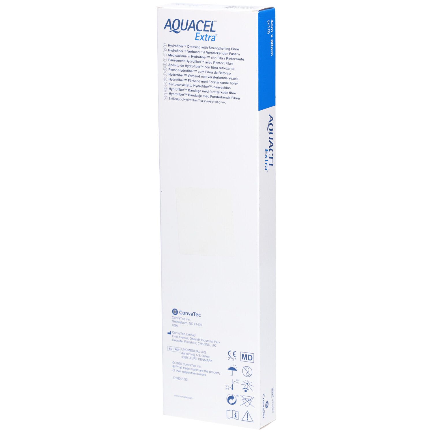 Rückseite der AQUACEL Extra Hydrofiber Verband Verpackung. Text in mehreren Sprachen. Logo und Zertifizierungen.