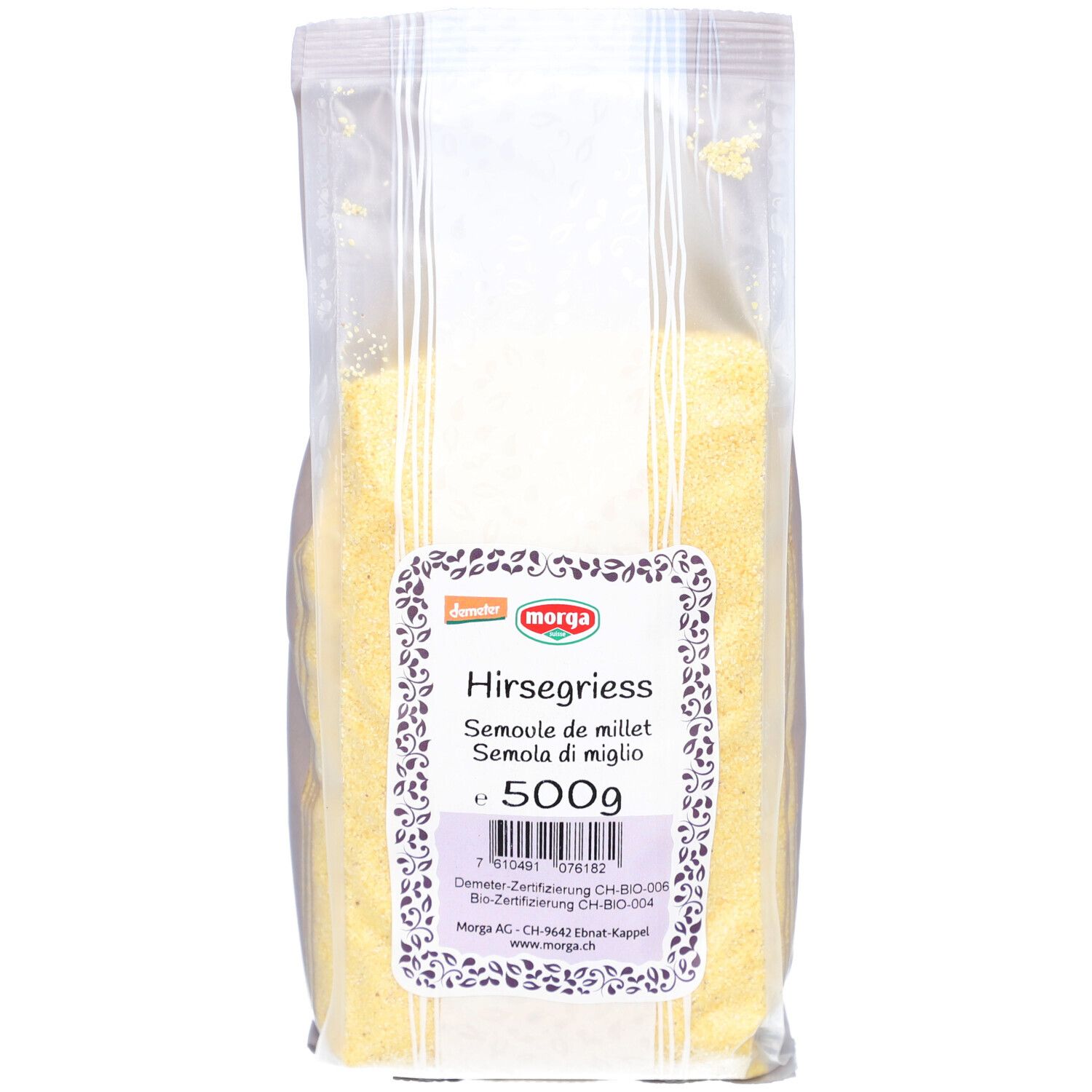 Transparente Verpackung mit gelbem Hirsegriess. Aufdruck: MORGA, Hirsegriess, Semoule de millet, Semola di miglio, 500g. Demeter-Siegel.
