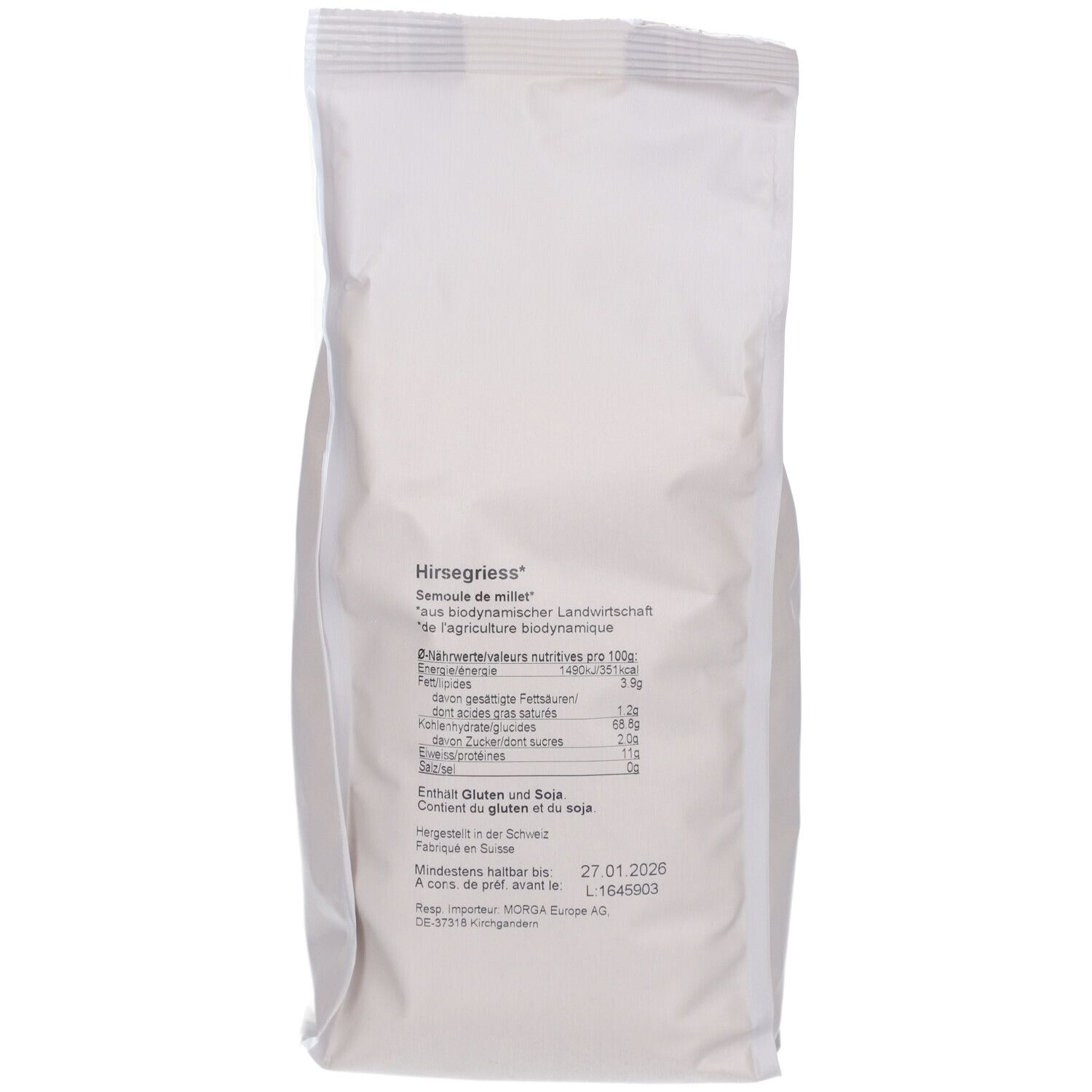 Rückseite der Verpackung mit Informationen zu Nährwerten und Inhaltsstoffen. Text in Deutsch, Französisch und Italienisch. Mindesthaltbarkeitsdatum.