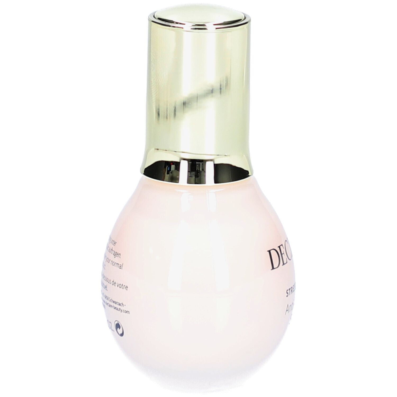 Serumflasche, Rückseite. Text in Deutsch und Französisch. DECLARÉ Stress Balance Anti-Irritation Serum.