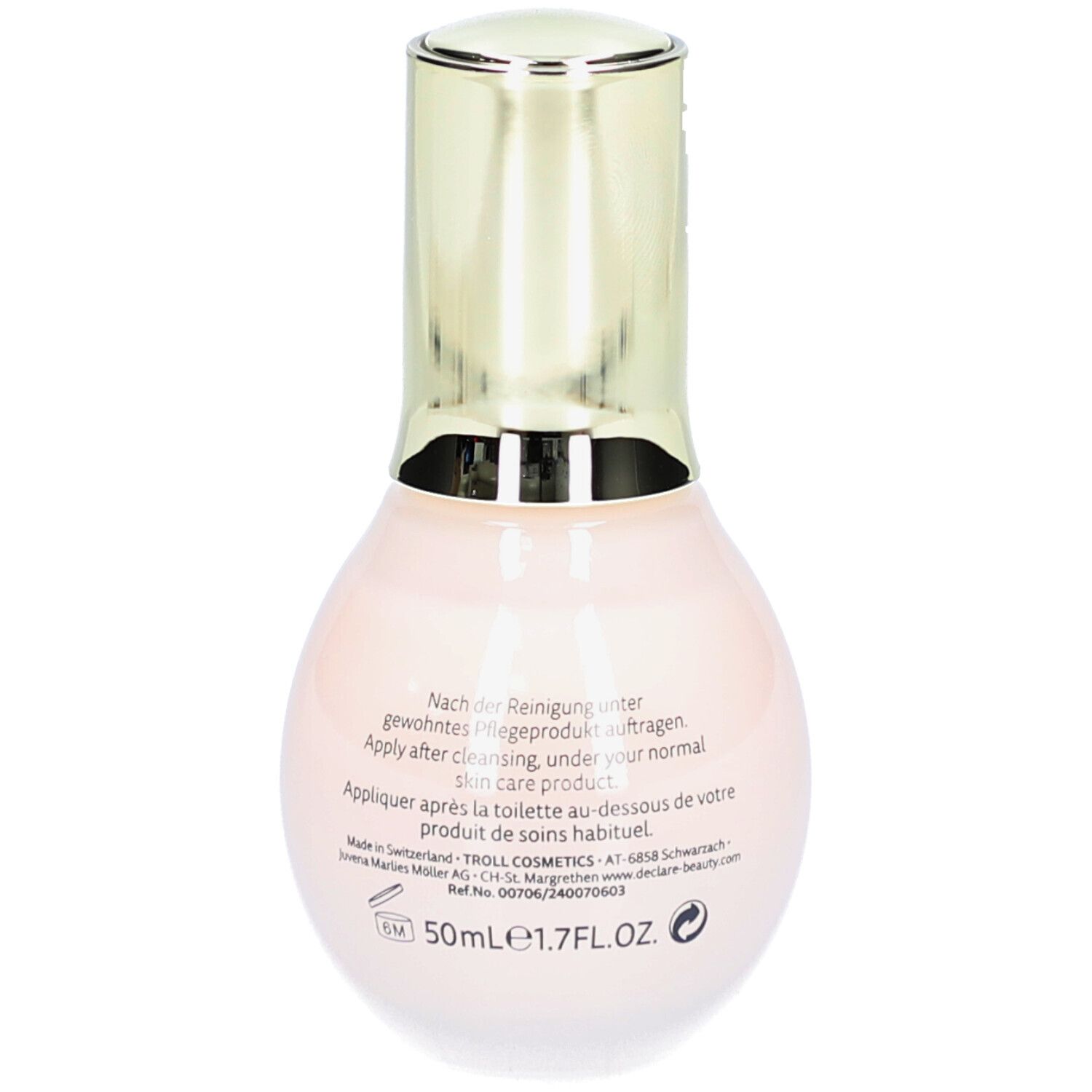 Rückseite der Serumflasche. Text in Deutsch und Französisch. DECLARÉ Stress Balance Anti-Irritation Serum.