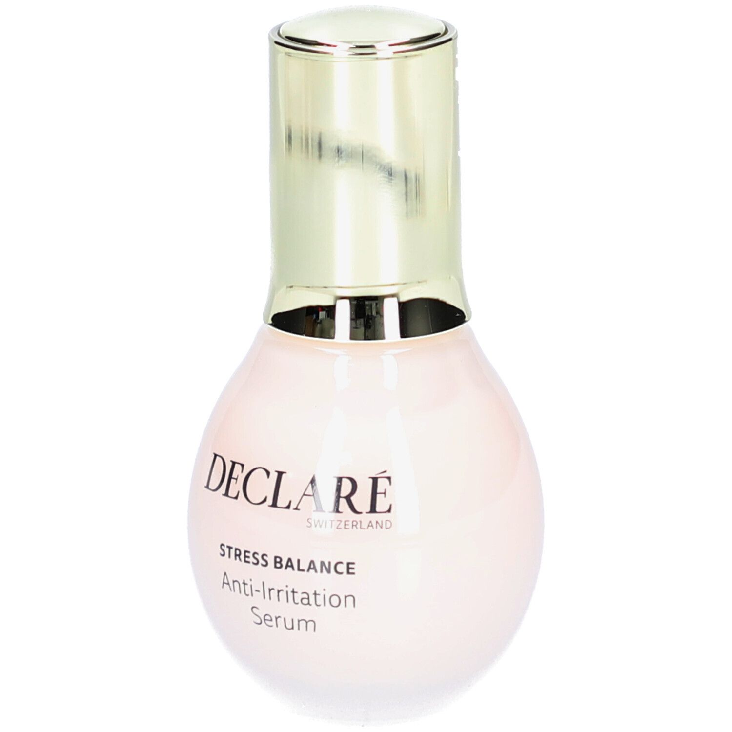 Rosa Serumflasche mit goldenem Deckel. DECLARÉ Stress Balance Anti-Irritation Serum.
