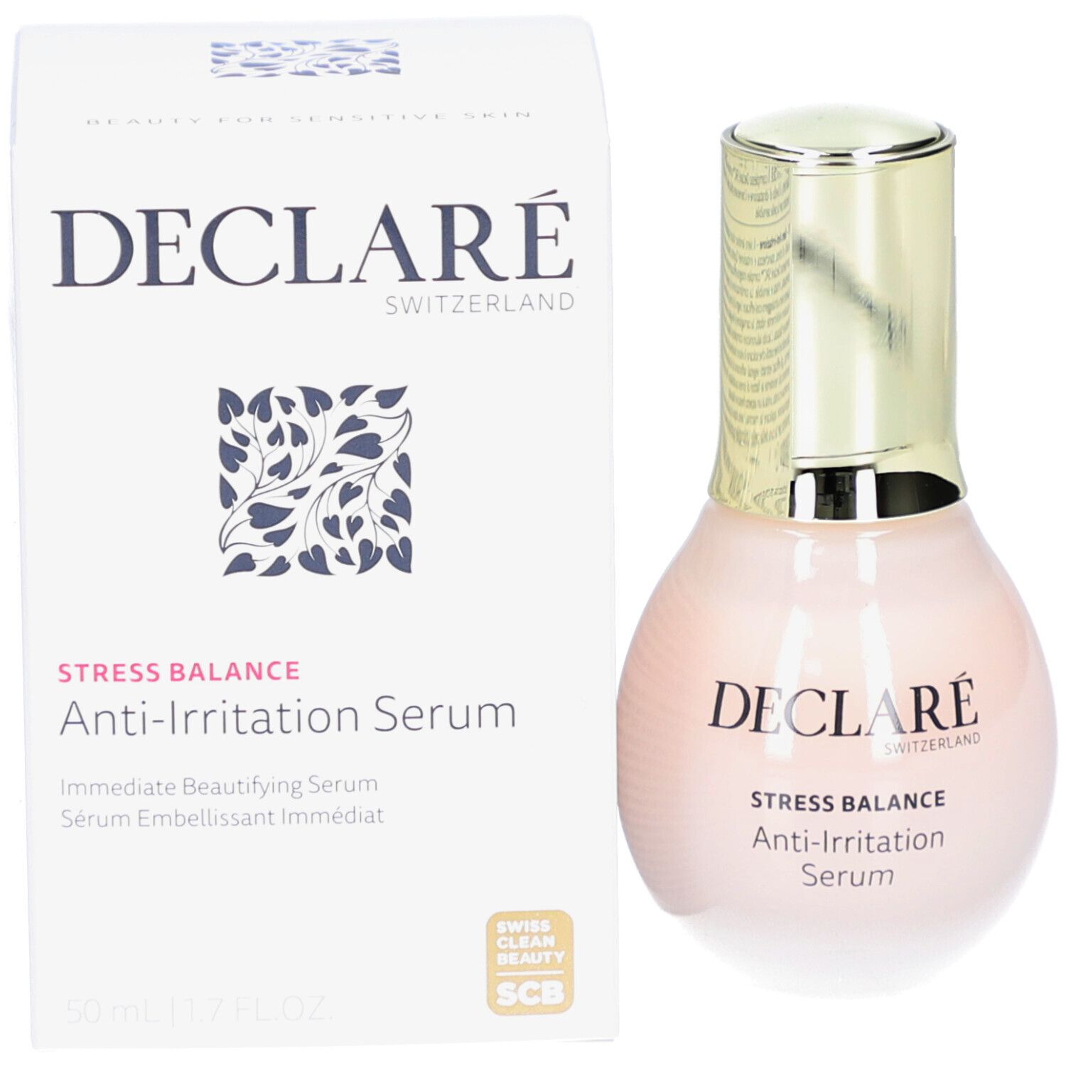 Verpackung. DECLARÉ Stress Balance Anti-Irritation Serum. Swiss Clean Beauty.