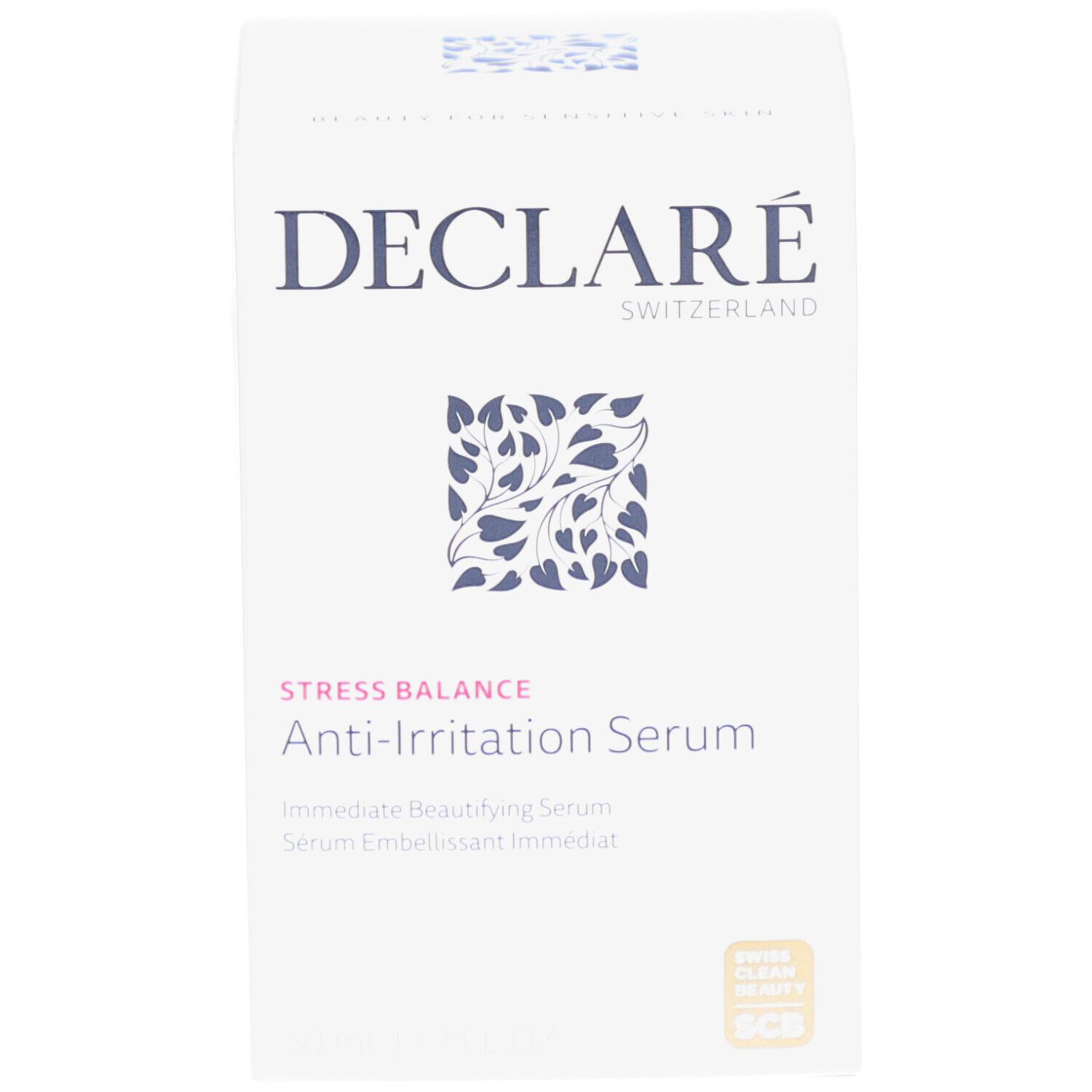 Rosa Serumflasche mit goldenem Deckel. DECLARÉ Stress Balance Anti-Irritation Serum.