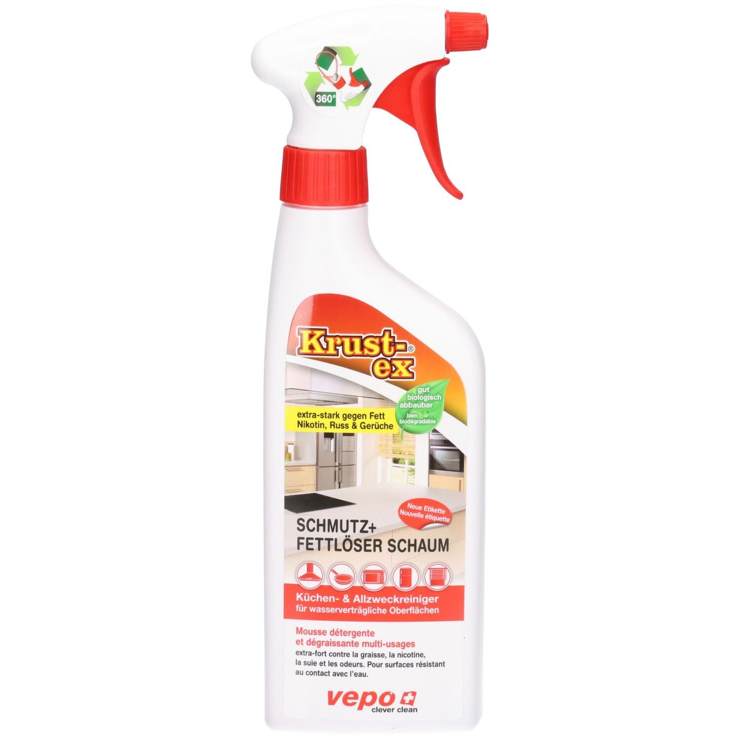 Weiße Sprühflasche mit rotem Sprühkopf. Etikett mit Produktnamen und Logos. Grün-rotes Logo für recycelte Materialien.