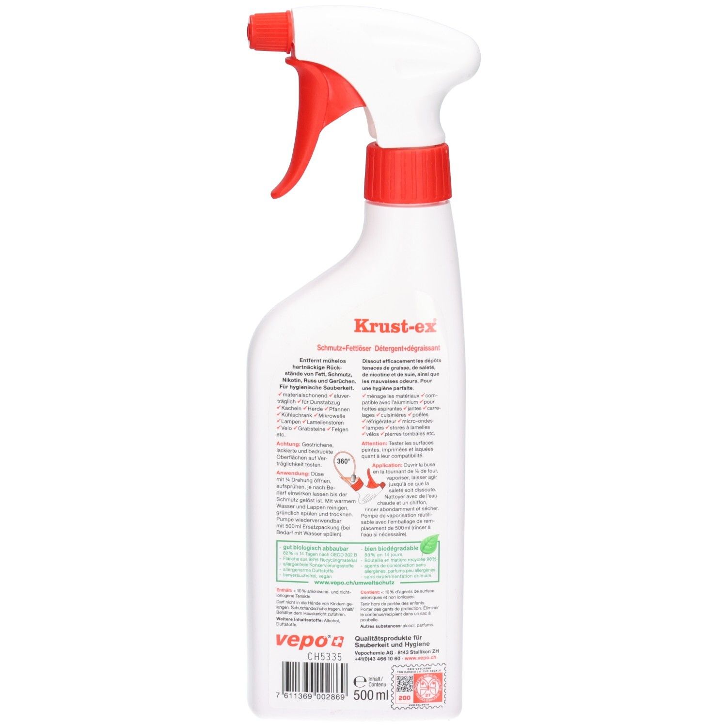 Rückseite der weißen Sprühflasche. Etikett mit Produktinformationen und Logos. Enthält Text und ein grünes Logo.
