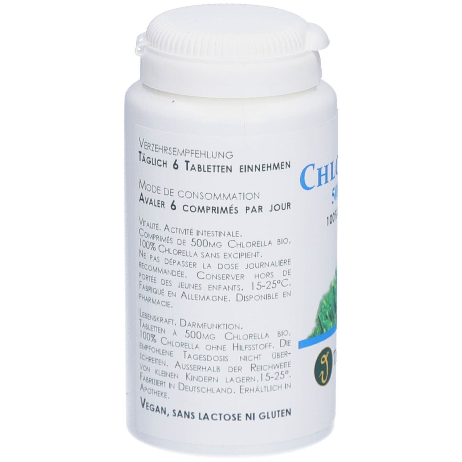 Weiße Flasche mit Text. Aufschrift: Verzehrempfehlung, 6 Tabletten einnehmen. Logo: Thiemard. Vegan, laktosefrei, glutenfrei.